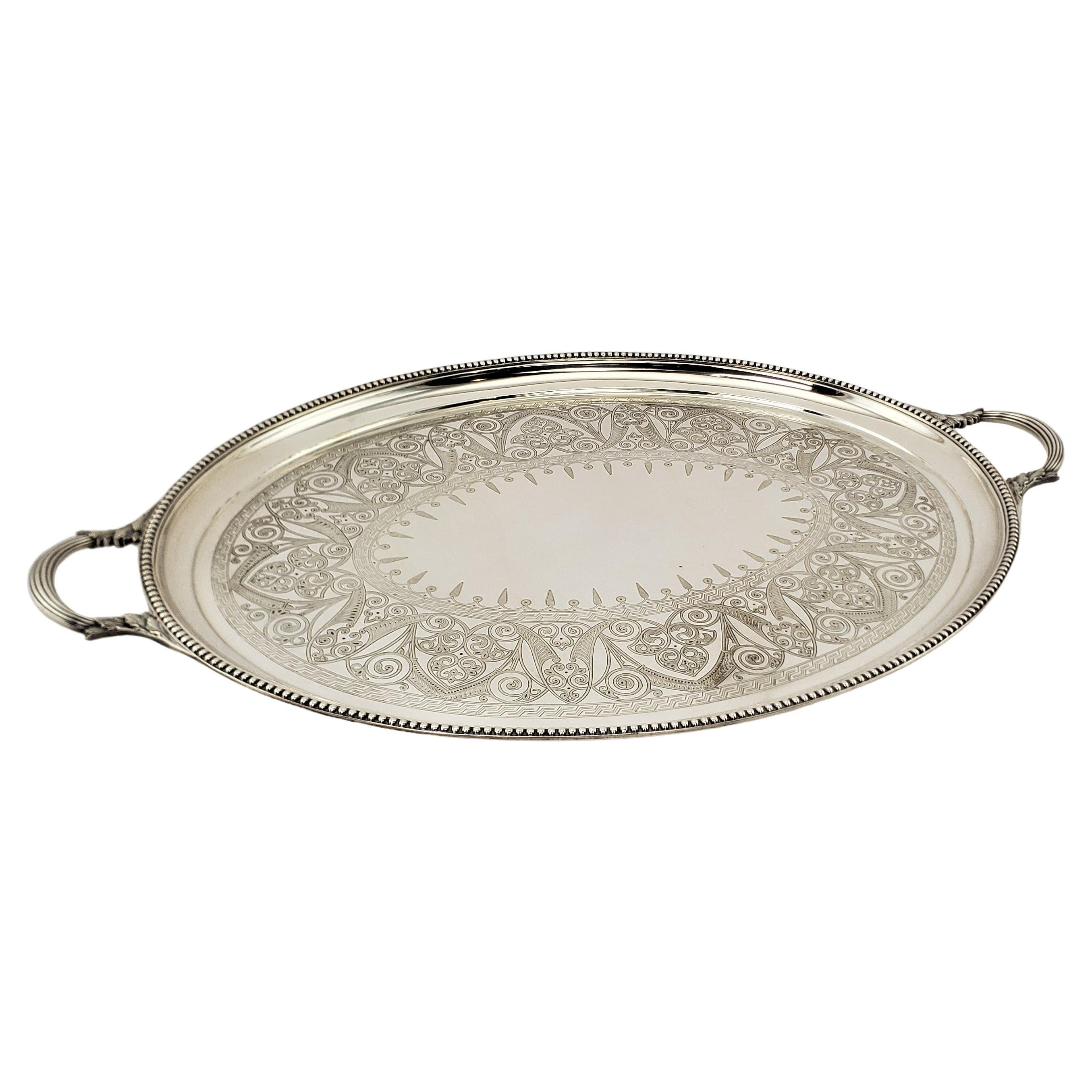Large Antique Elkington Oval Silver Plated Serving Tray with Floral Engraving For Sale