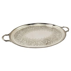 Large Antique Elkington Oval Silver Plated Serving Tray with Floral Engraving