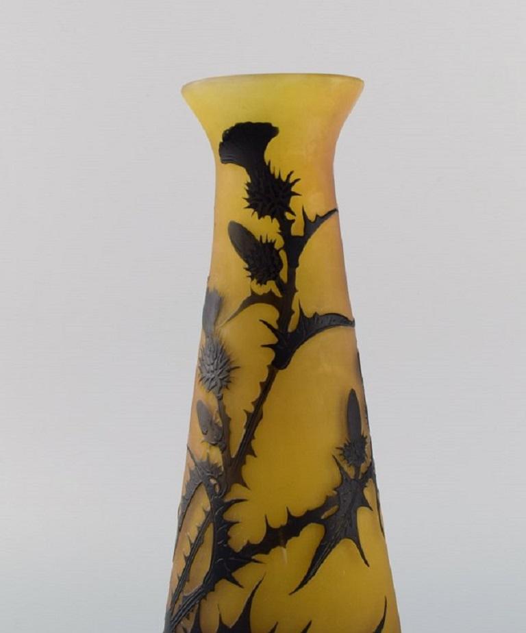 Etched Large Antique Emile Gallé Vase in Yellow and Black Art Glass, Rare Model