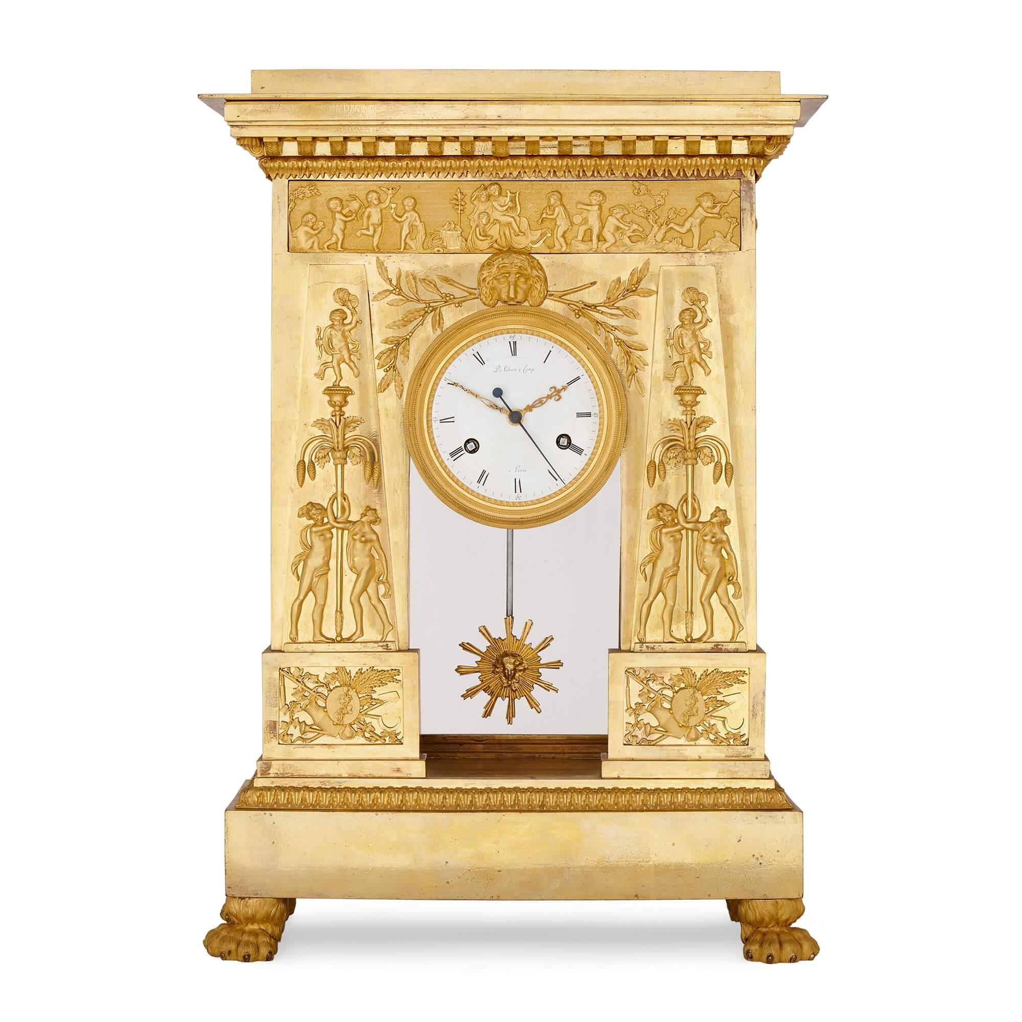 Antique Empire period gilt-bronze mantel clock by Deverberie
French, c.1805
Measures: Height 67cm, width 54cm, depth 19cm

This exceptional timepiece was made in Empire period France by the highly successful and important Parisian bronzier
