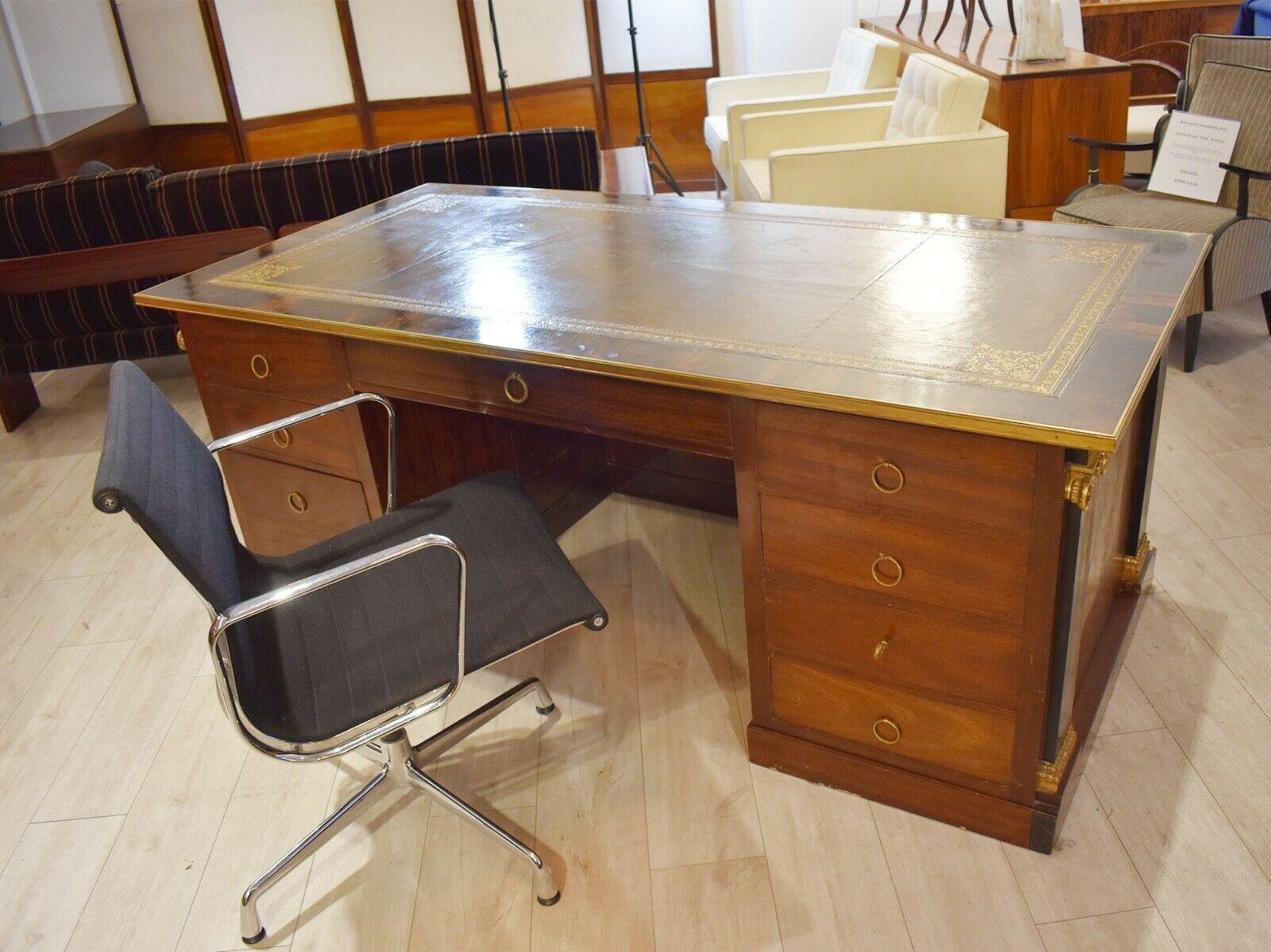 Large Antique Empire Style Calamander Wood Desk Leather Insert Top In Good Condition In London, GB