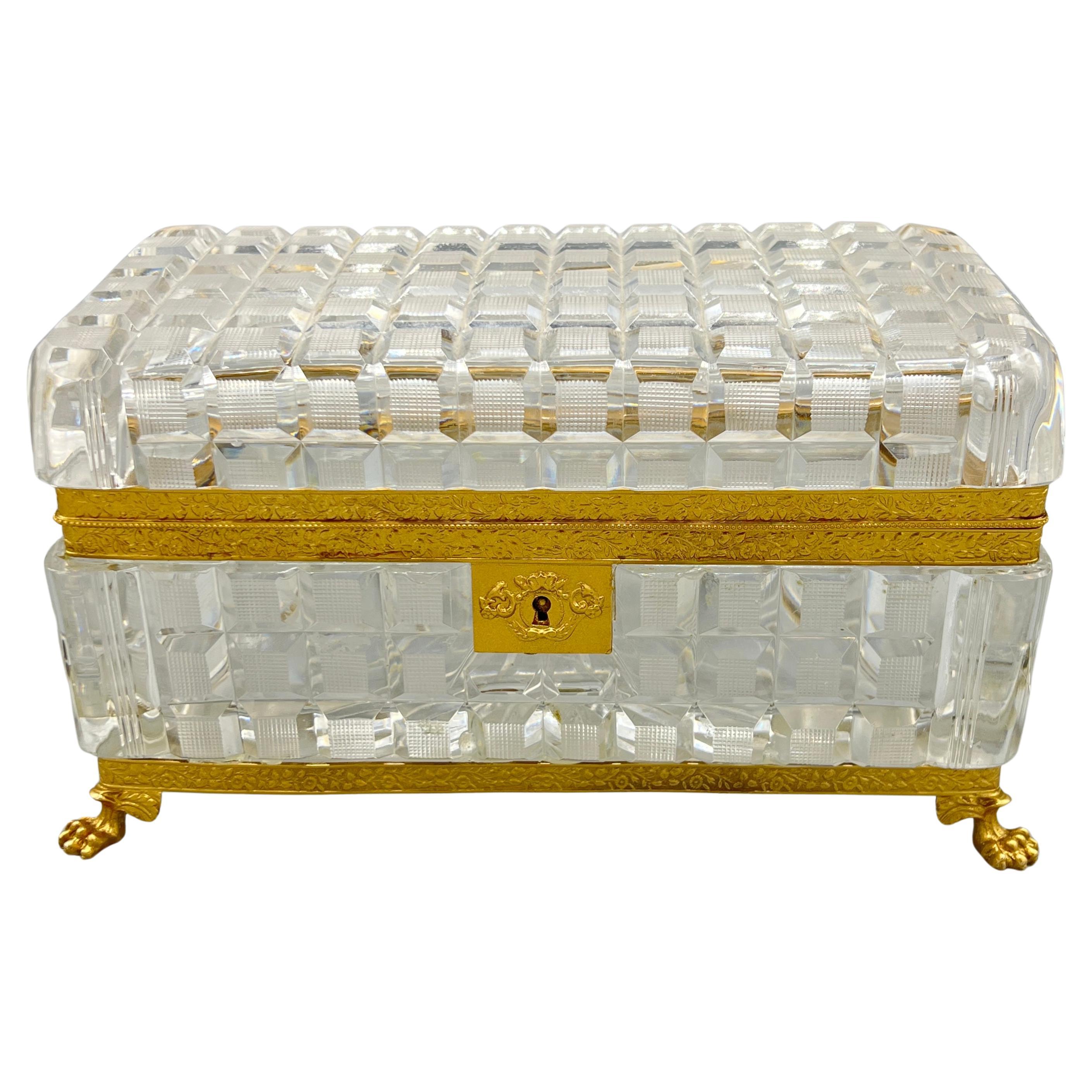 Grande Antiguo estilo Imperio  Arqueta / Caja de Cristal Tallado y Bronce Dorado