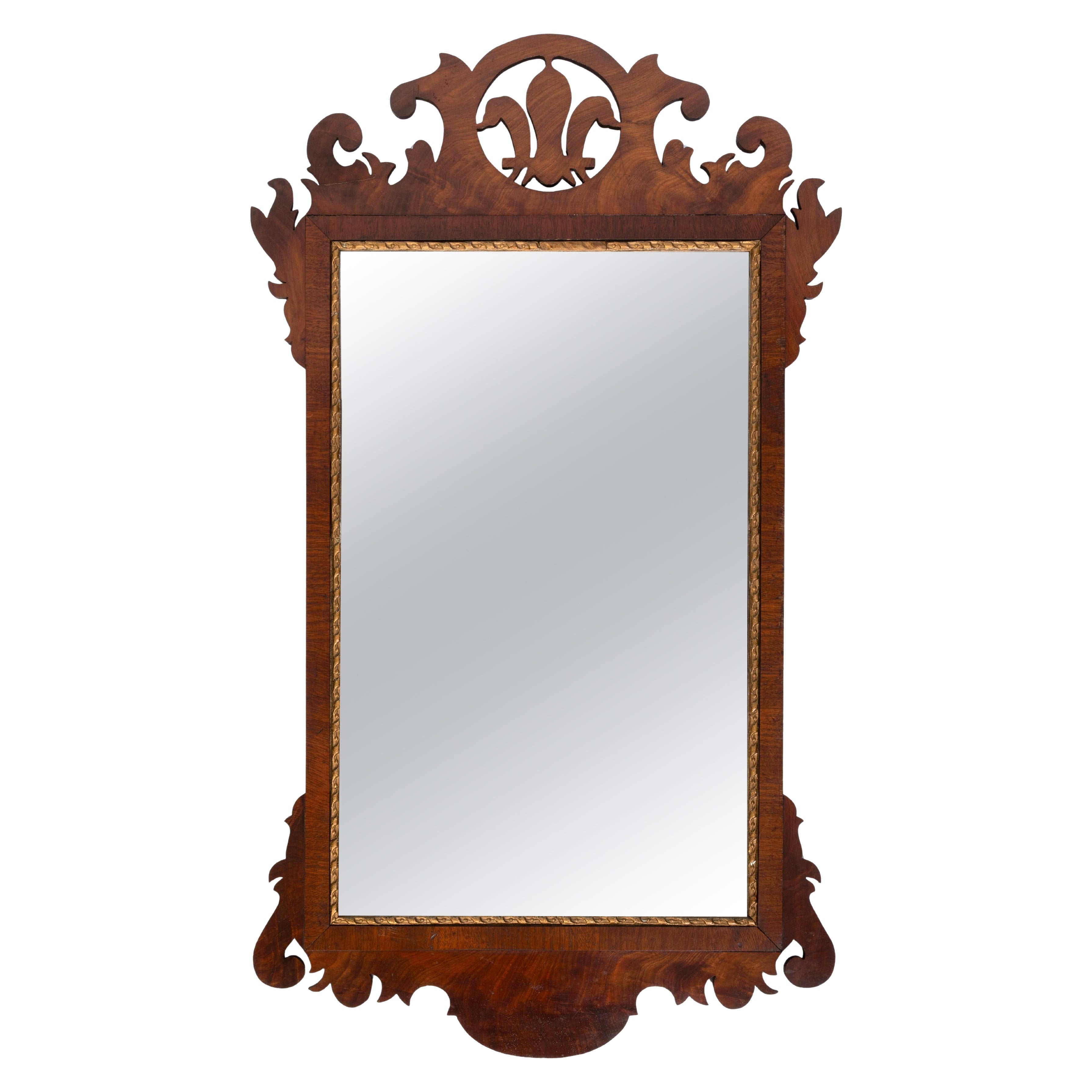 Large Antique English 18th Century George III Figured Walnut Fret Carved Mirror