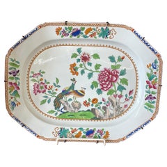 Gran mano antigua inglesa del s. XIX Spode Ptd. Plato de pavo real y peonía de gres