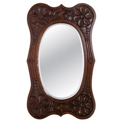 Large Antique English Art Nouveau Carved Oak Wall Mirror C.1910