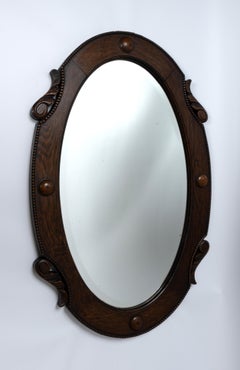 Large Antique English Arts And Crafts Oval Oak Framed Mirror C.1920