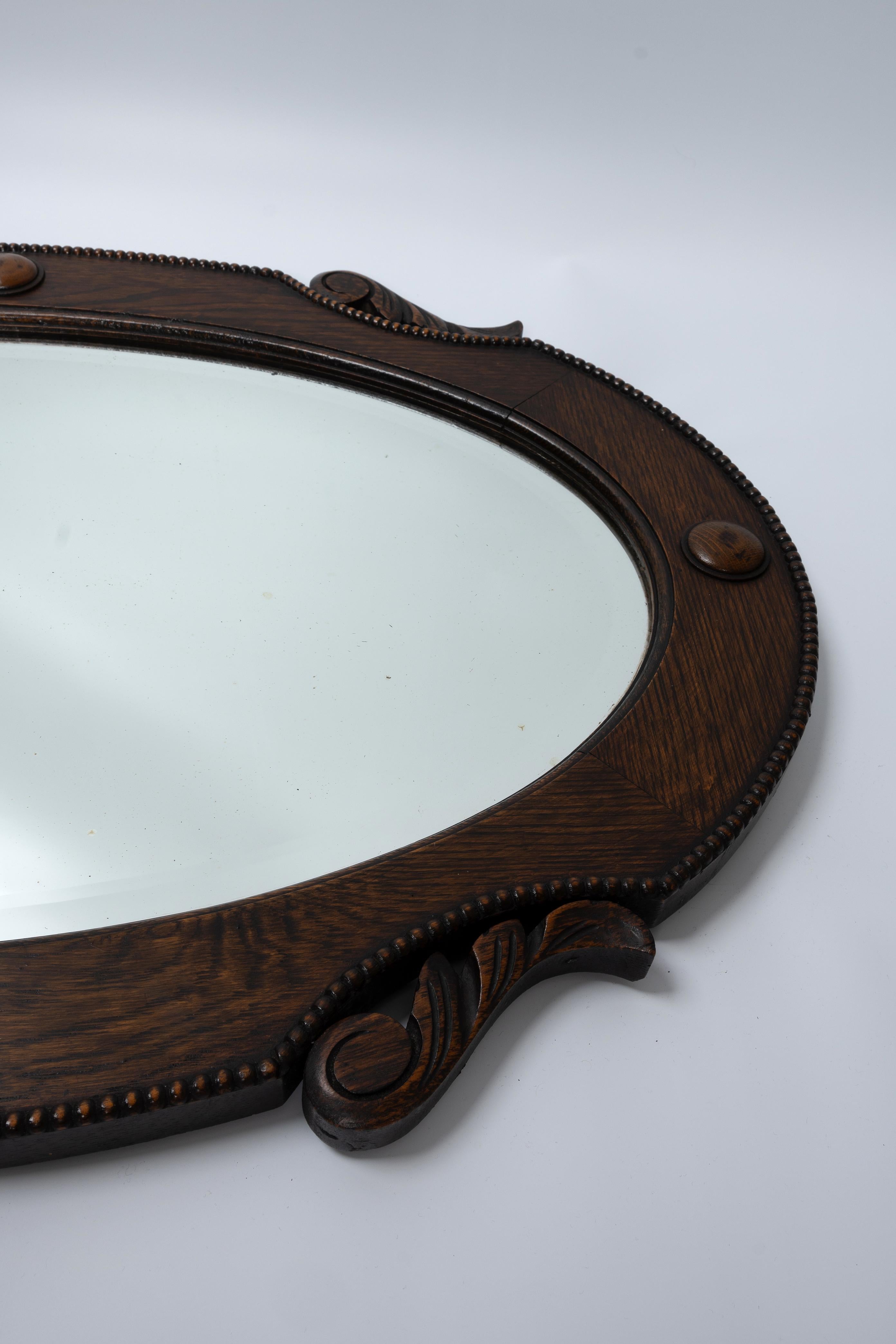 Large Antique English Arts And Crafts Oval Oak Framed Mirror C.1920  In Good Condition For Sale In London, GB