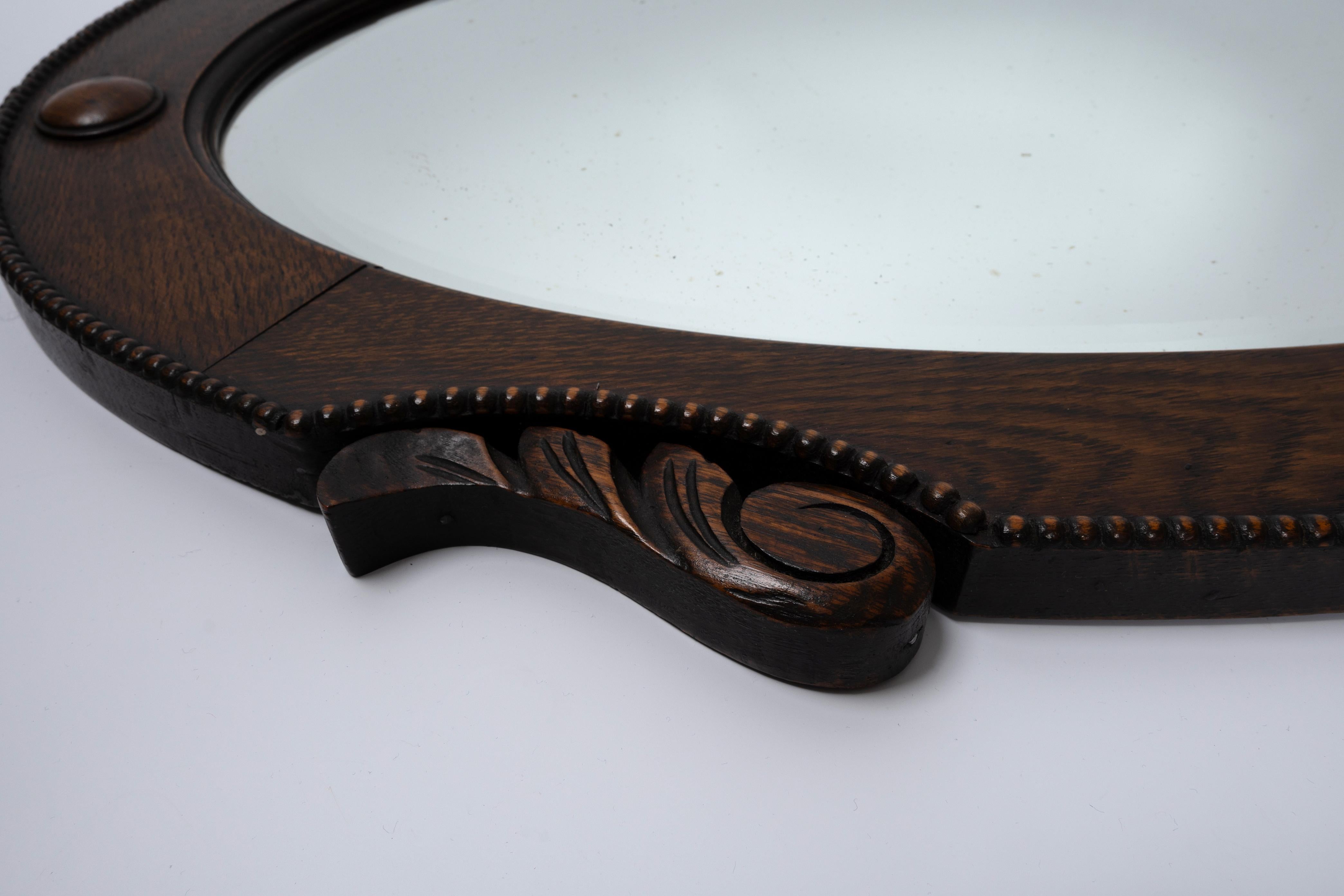 20th Century Large Antique English Arts And Crafts Oval Oak Framed Mirror C.1920 For Sale