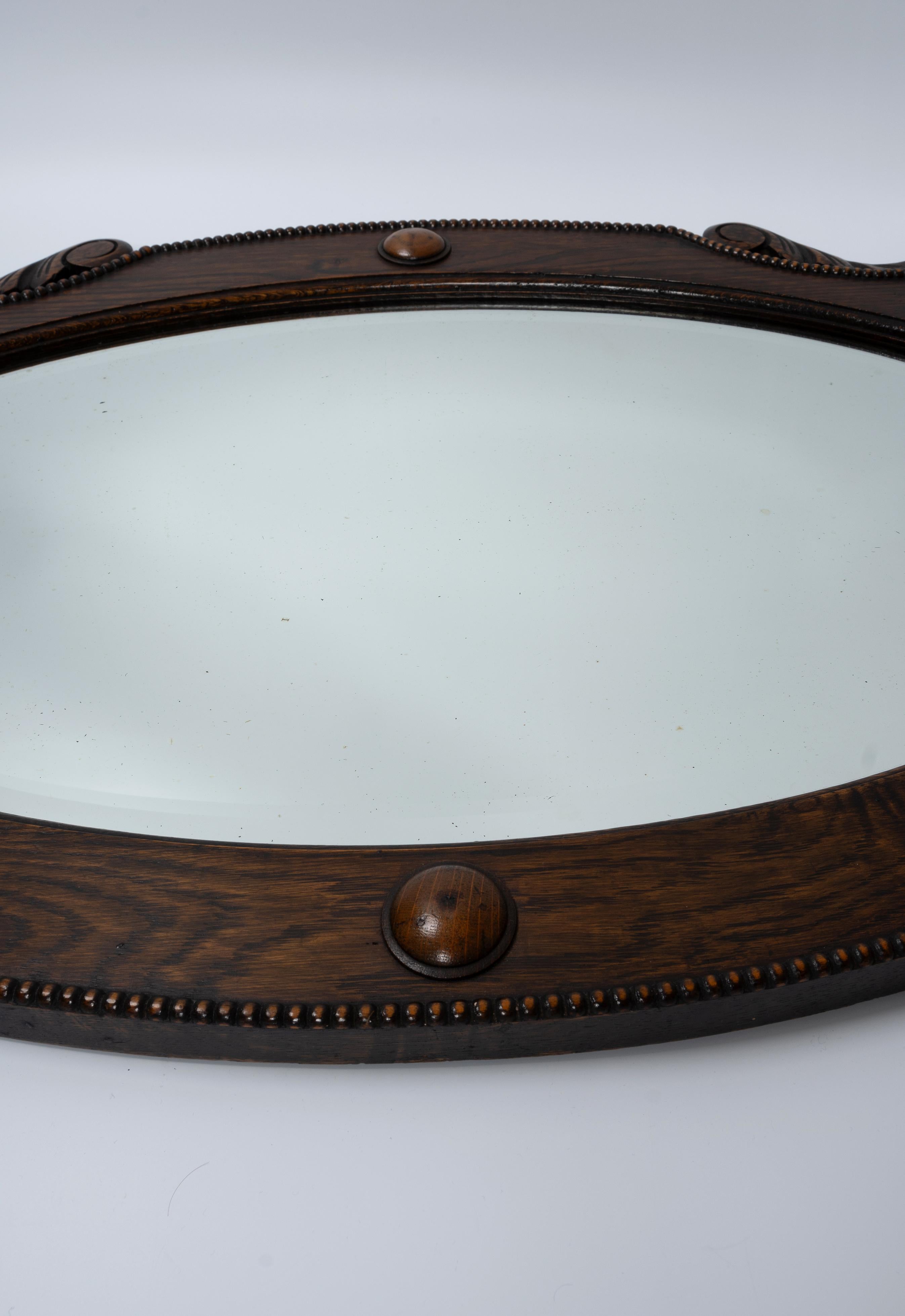 Large Antique English Arts And Crafts Oval Oak Framed Mirror C.1920  For Sale 1