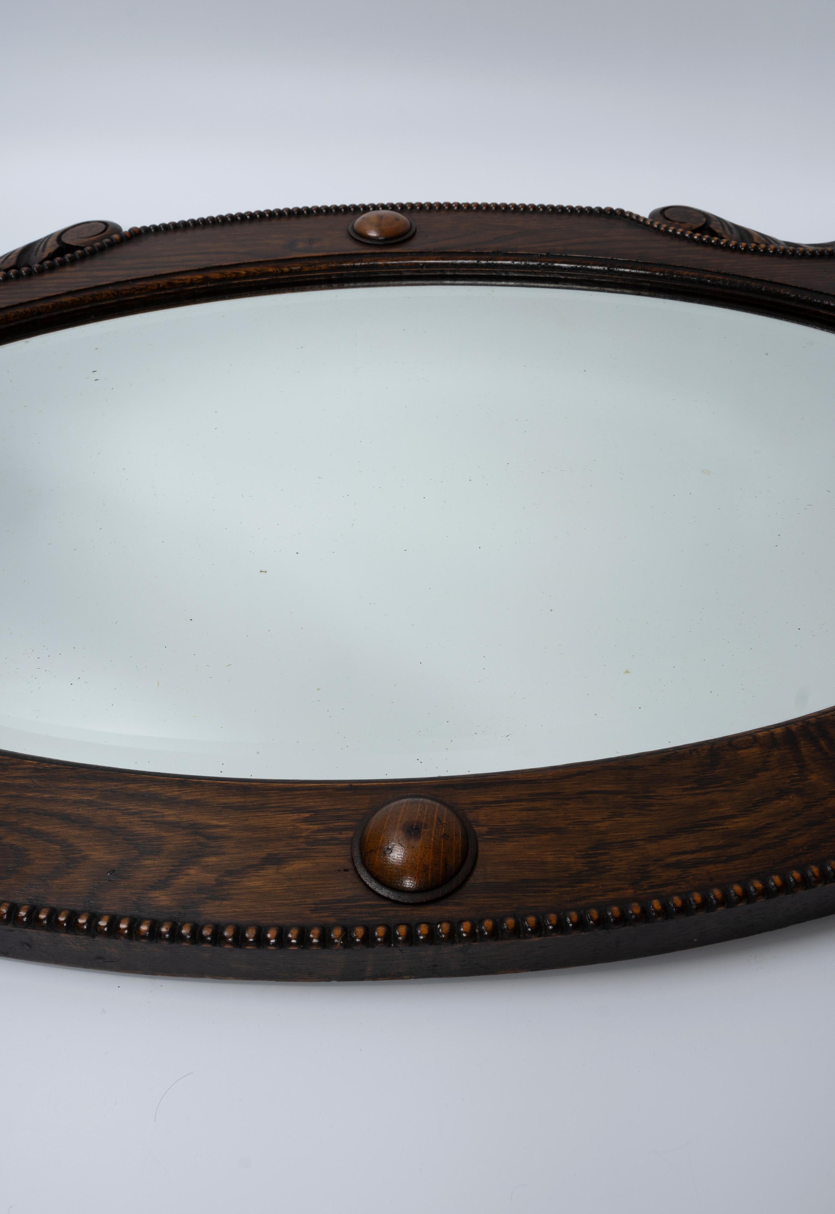 Large Antique English Arts And Crafts Oval Oak Framed Mirror C.1920 For Sale 1
