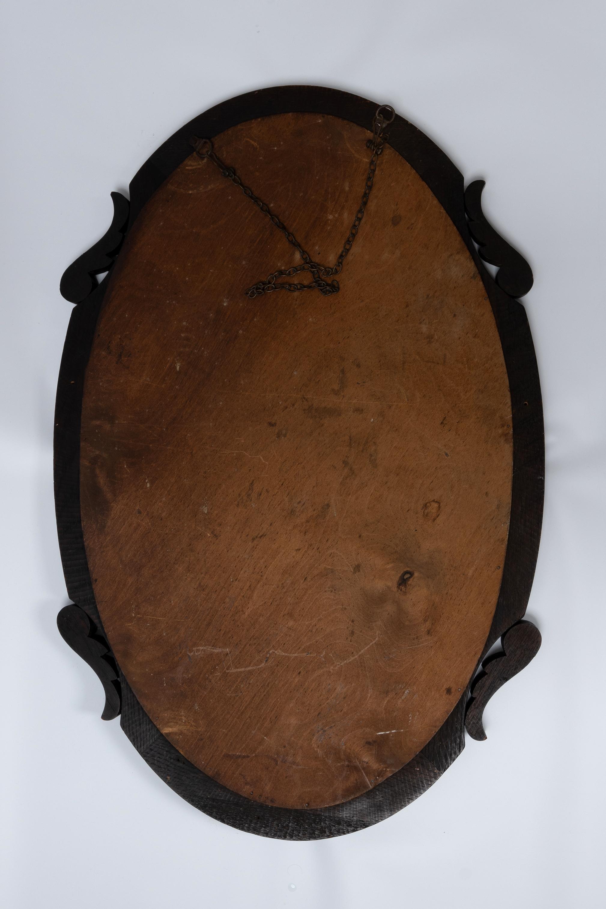 Large Antique English Arts And Crafts Oval Oak Framed Mirror C.1920 For Sale 3