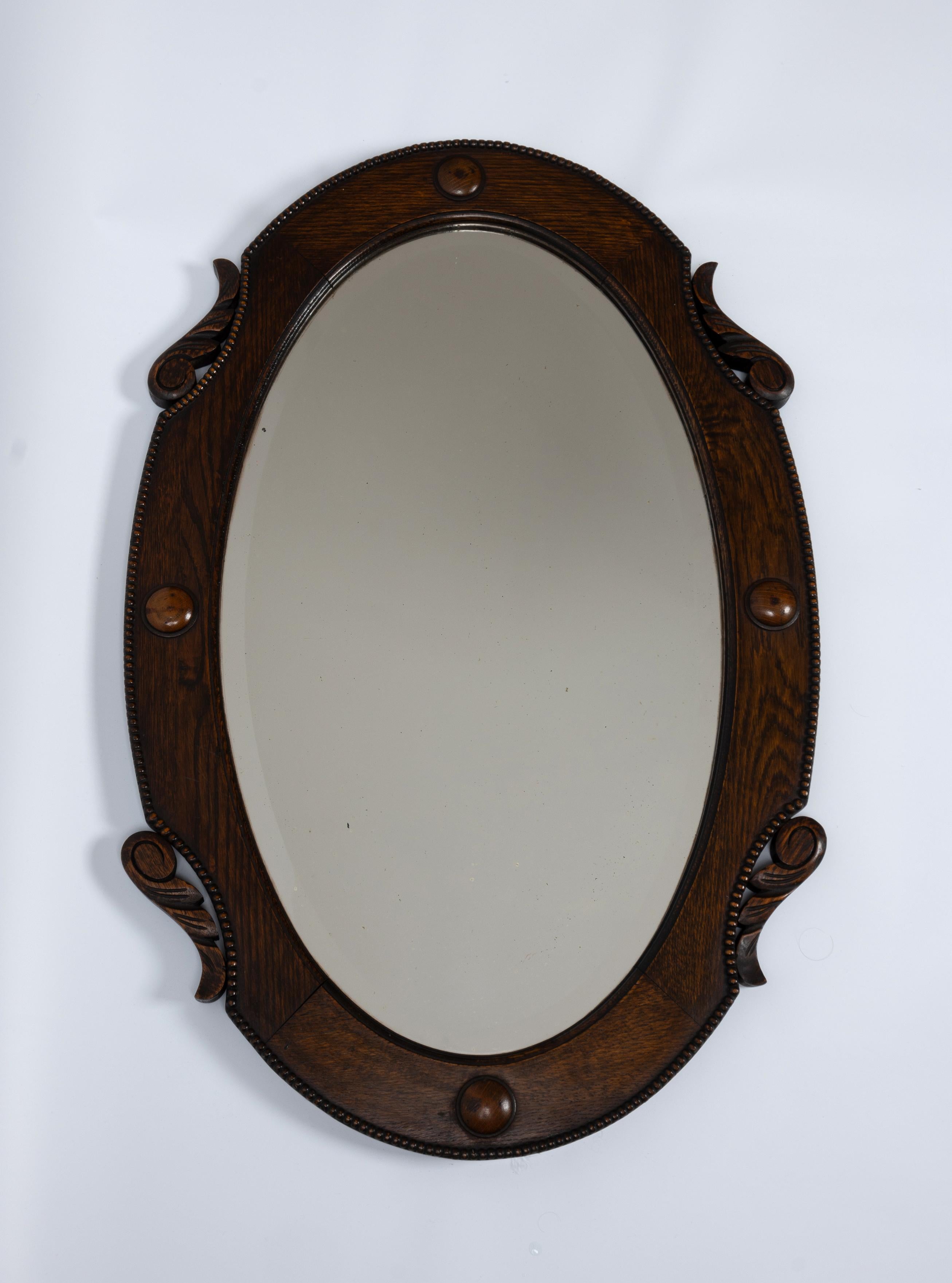 Large Antique English Arts And Crafts Oval Oak Framed Mirror C.1920  For Sale 4