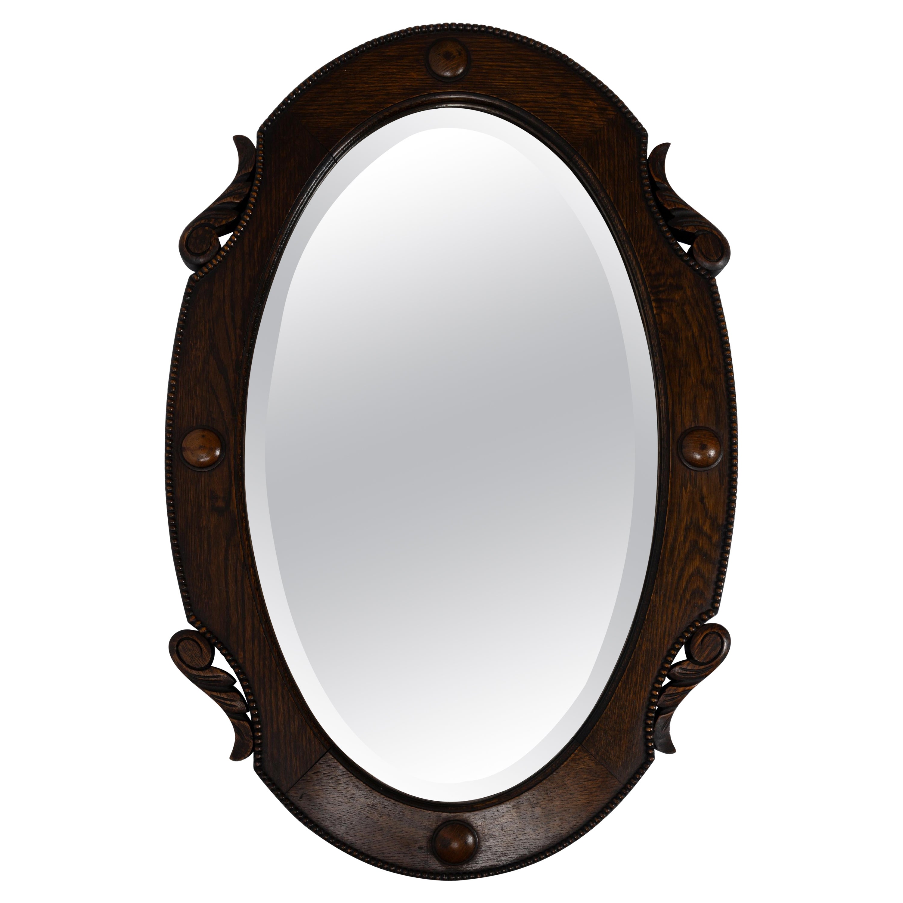 Großer antiker englischer Arts And Crafts Oval Oak Framed Mirror C.1920