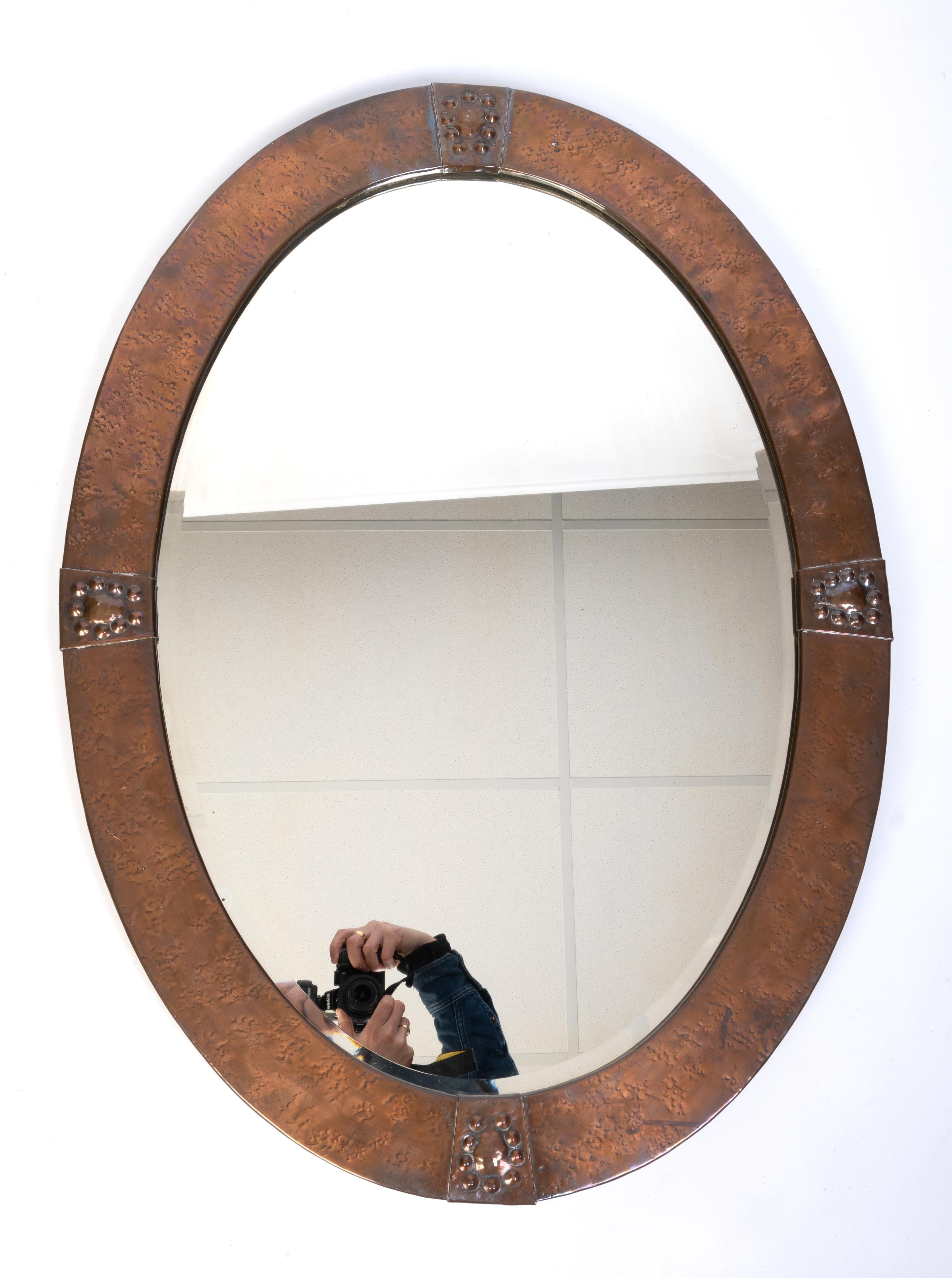 Large Antique English Arts & Crafts Copper Oval Mirror Liberty & Co. For Sale 4