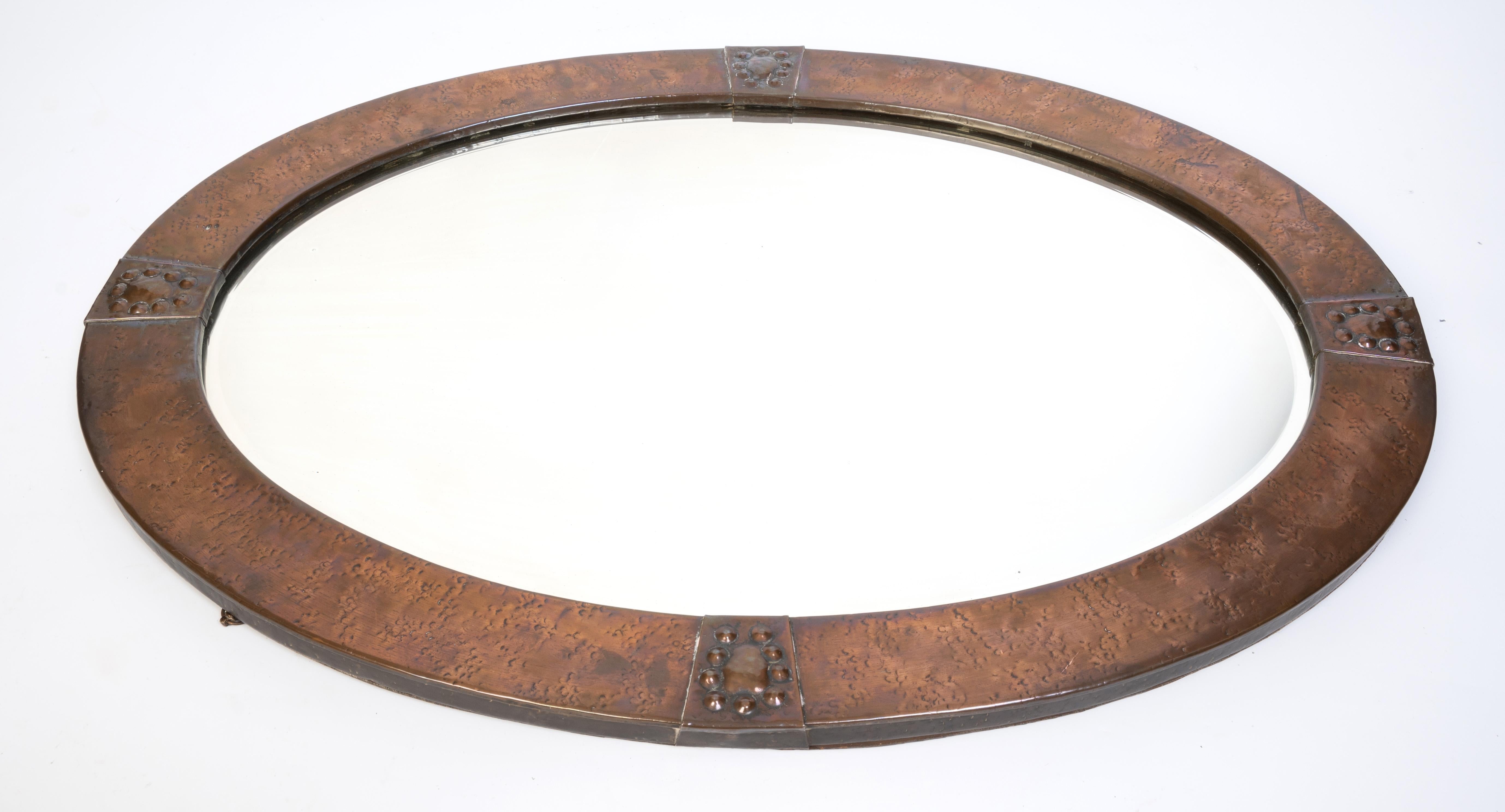 Hammered Large Antique English Arts & Crafts Copper Oval Mirror Liberty & Co. For Sale
