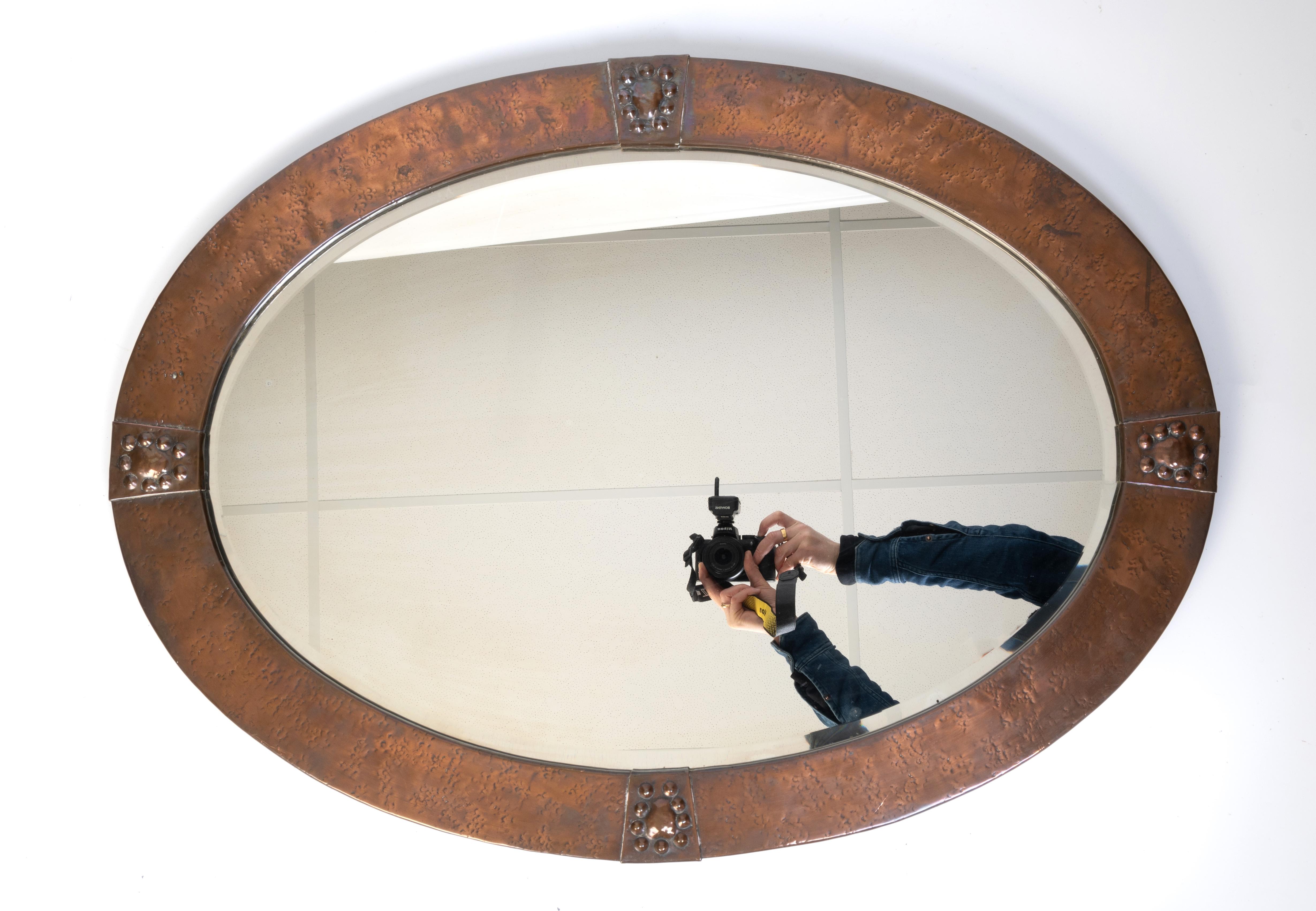Large Antique English Arts & Crafts Copper Oval Mirror Liberty & Co. For Sale 2