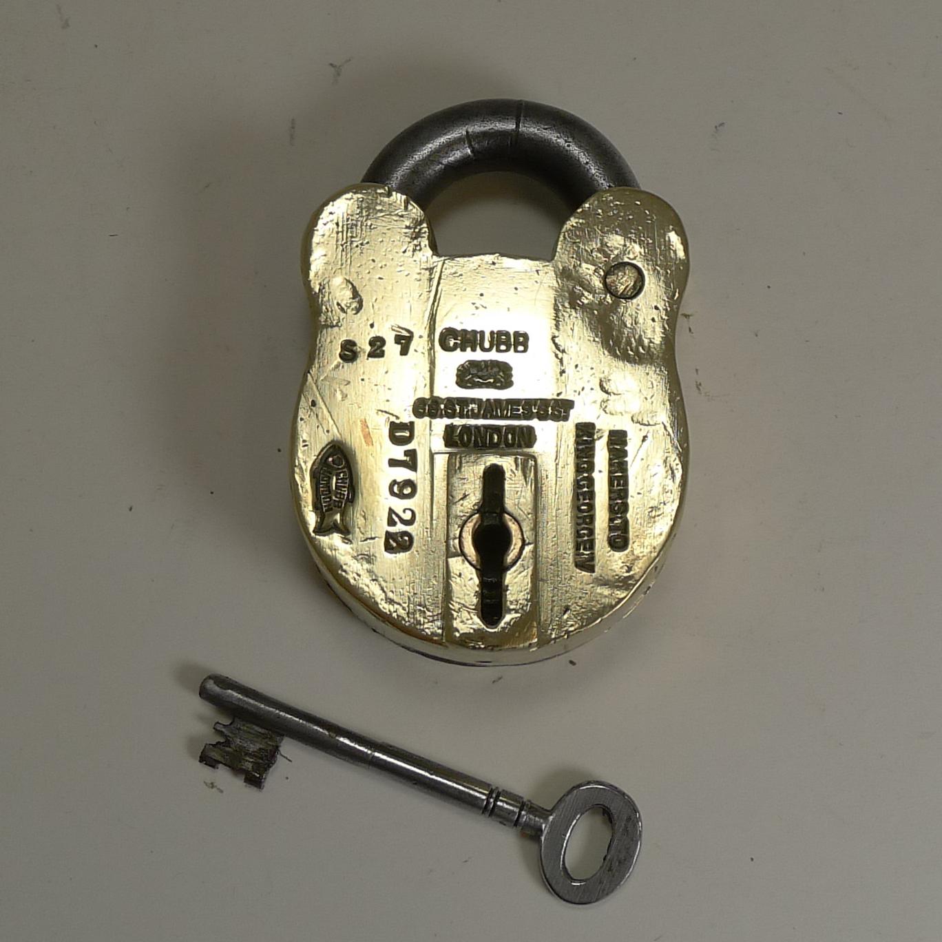 A handsome large Victorian brass and steel padlock by the famous Chubb & Son of London.

In 1823, the Chubb company was awarded a special license to supply King George IV (indicated on this example) and the royal household. They later became the