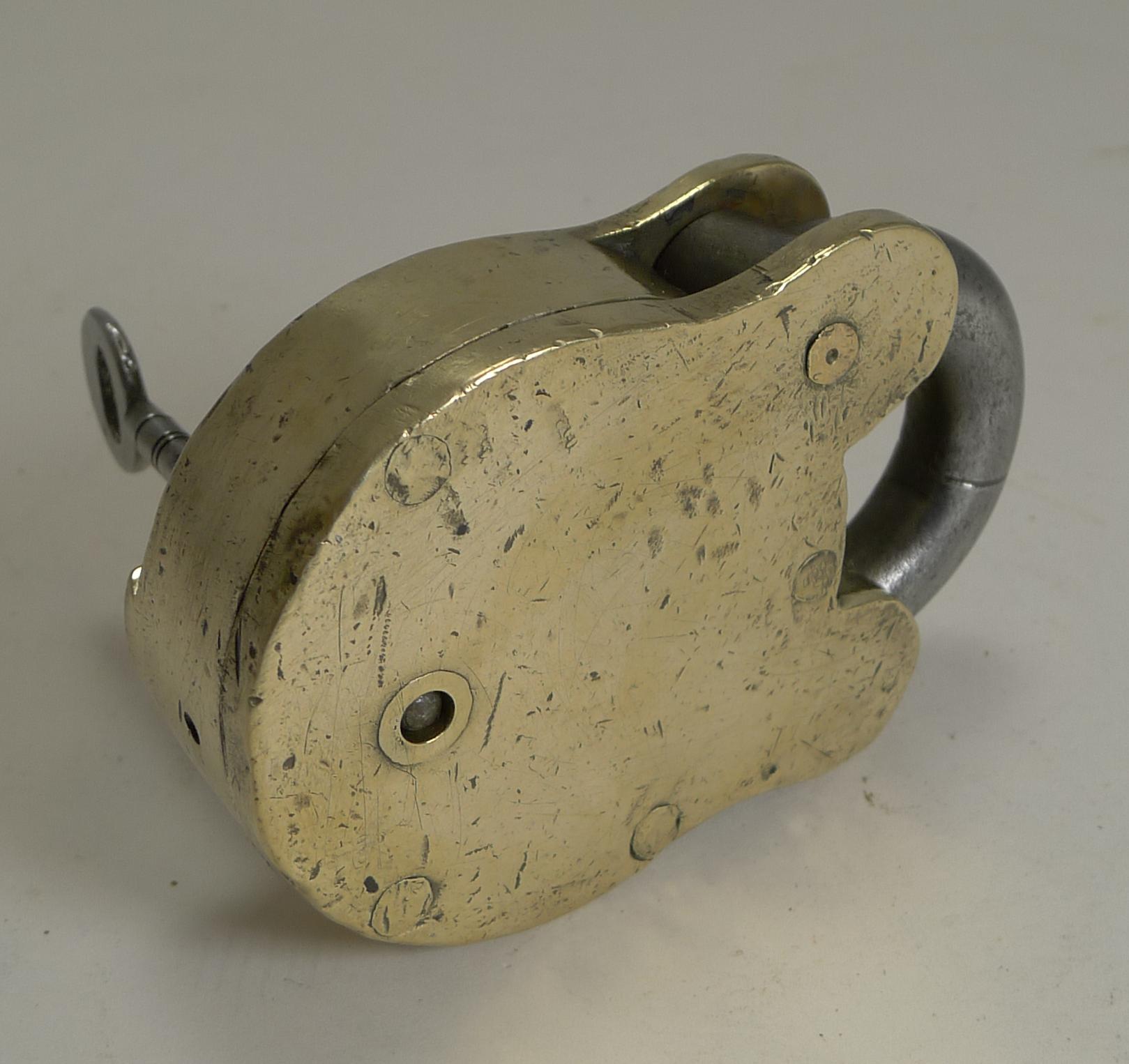 Late Victorian Large Antique English Brass and Steel Padlock by Chubb, London, circa 1880