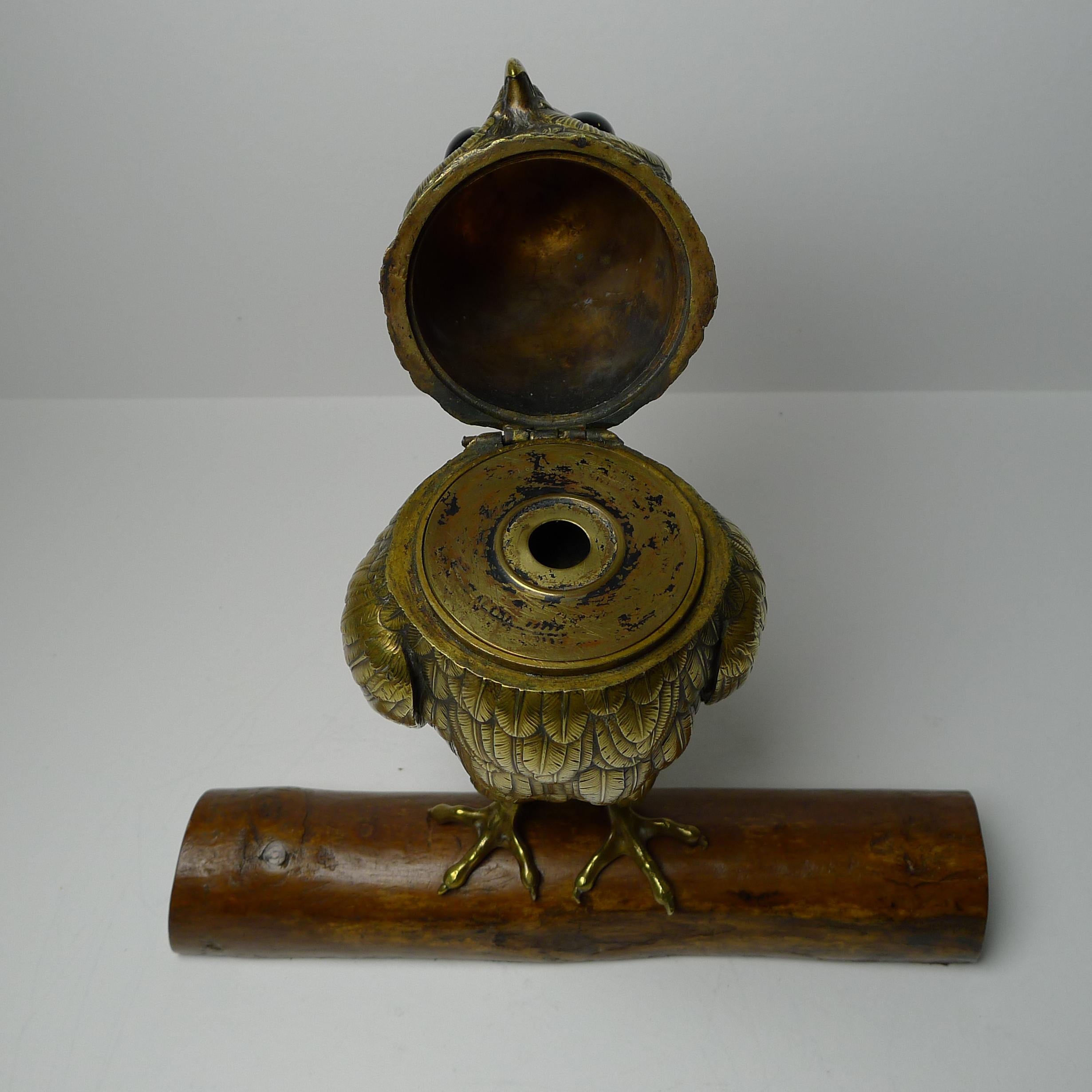 British Large Antique English Brass Owl Inkwell, circa.1890 For Sale
