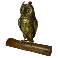 Large Antique English Brass Owl Inkwell, circa.1890