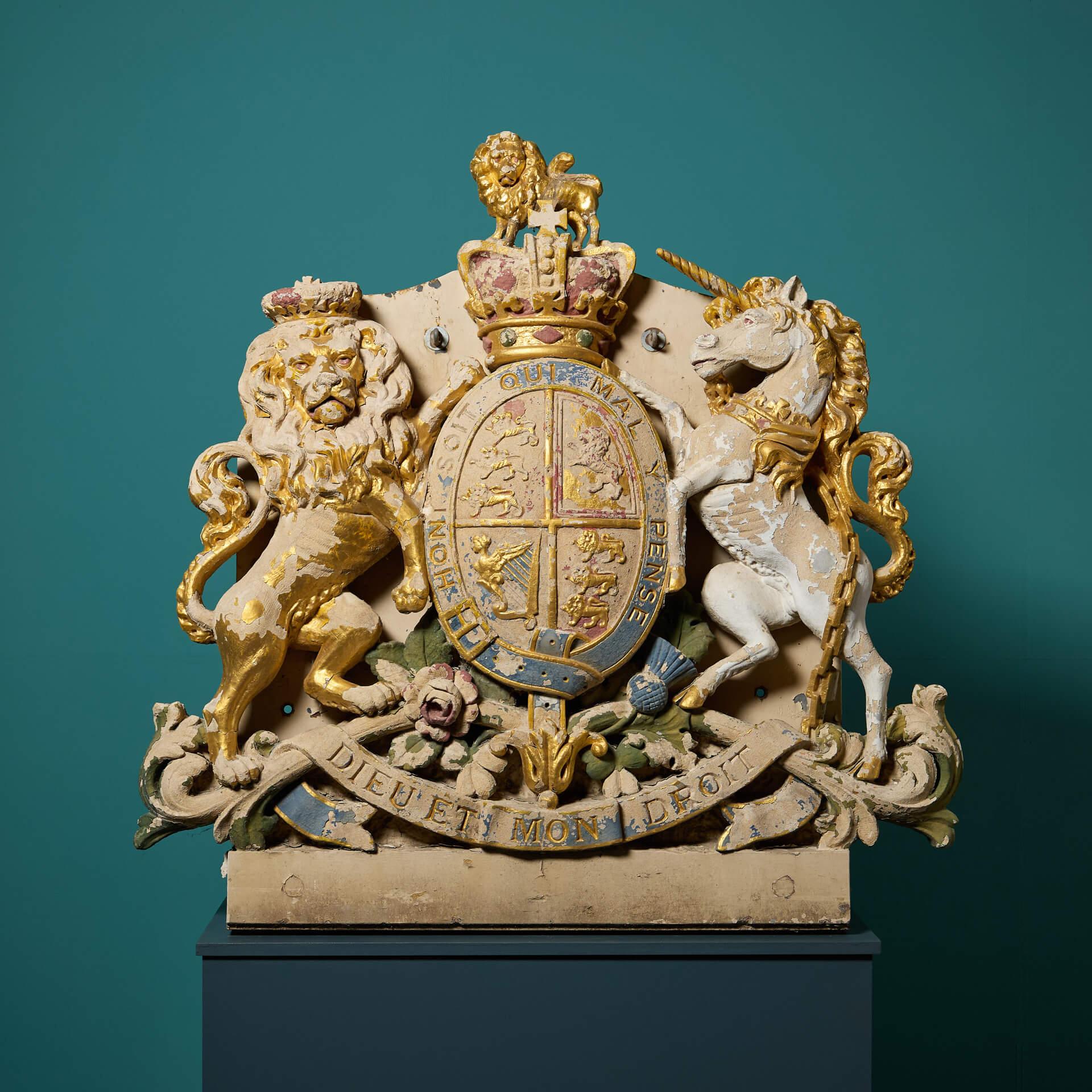 Large Antique English Carved Bath Stone Crest or Coat of Arms