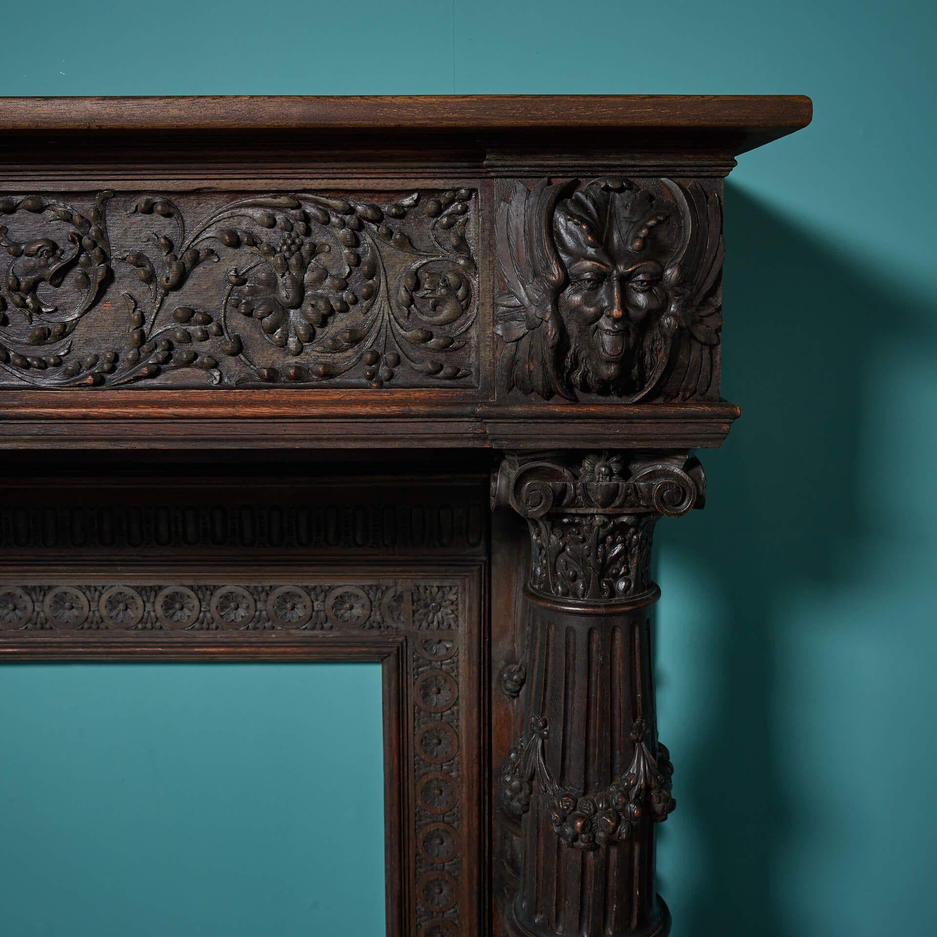 Hand-Carved Large Antique English Carved Oak Victorian Fire Mantel For Sale