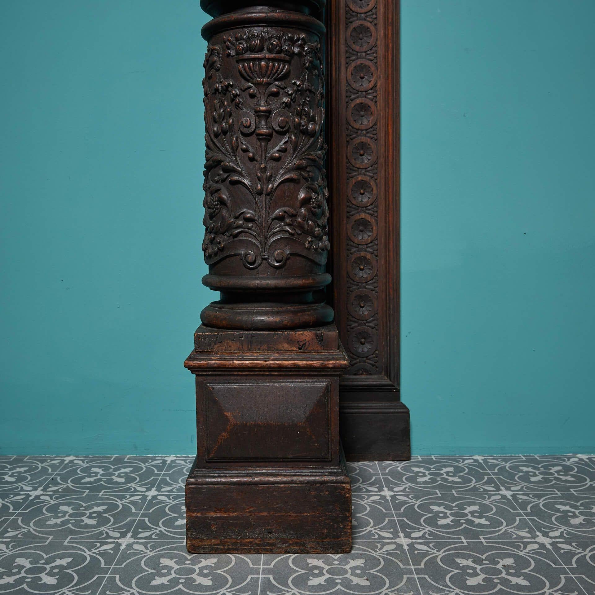 Large Antique English Carved Oak Victorian Fire Mantel In Fair Condition For Sale In Wormelow, Herefordshire