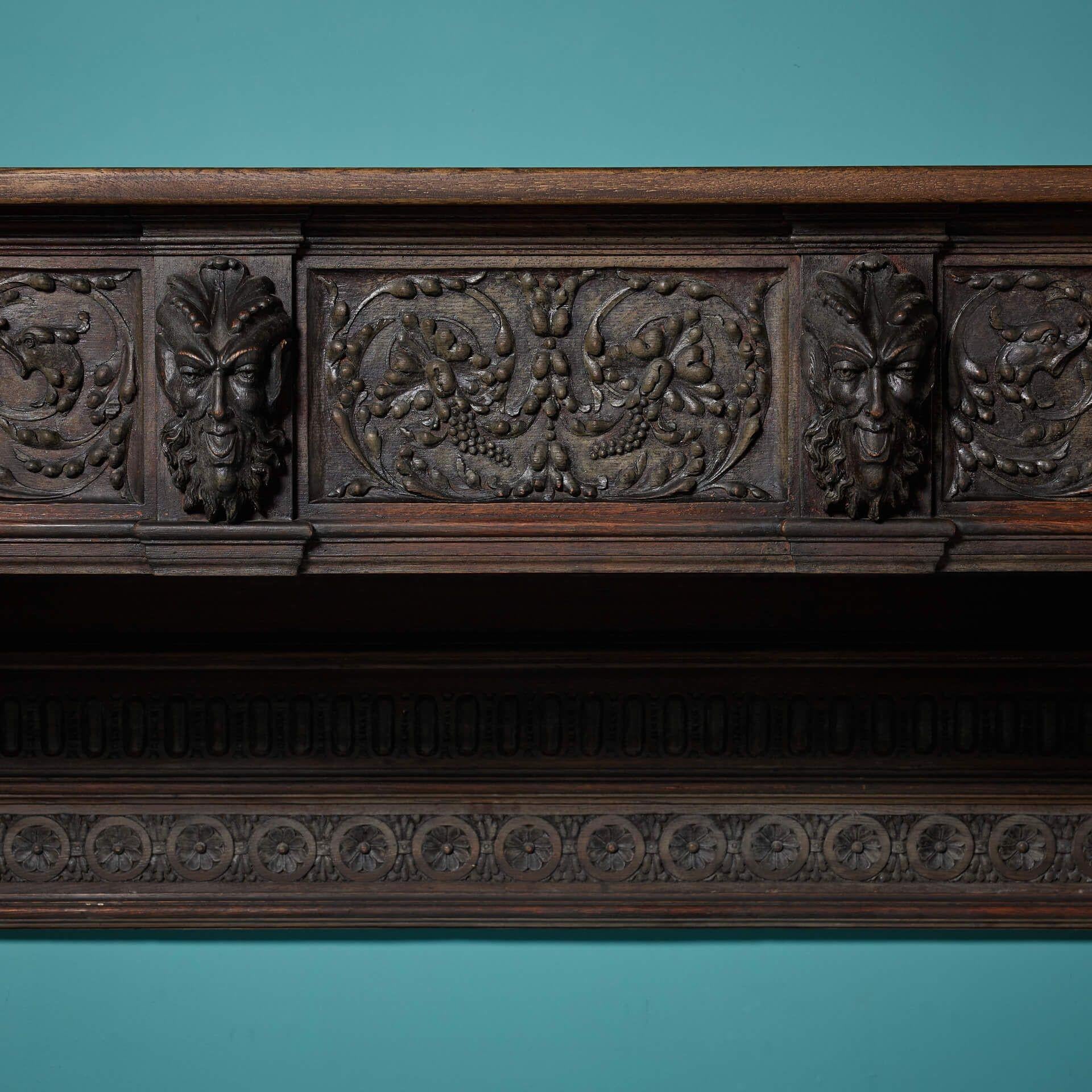 19th Century Large Antique English Carved Oak Victorian Fire Mantel For Sale