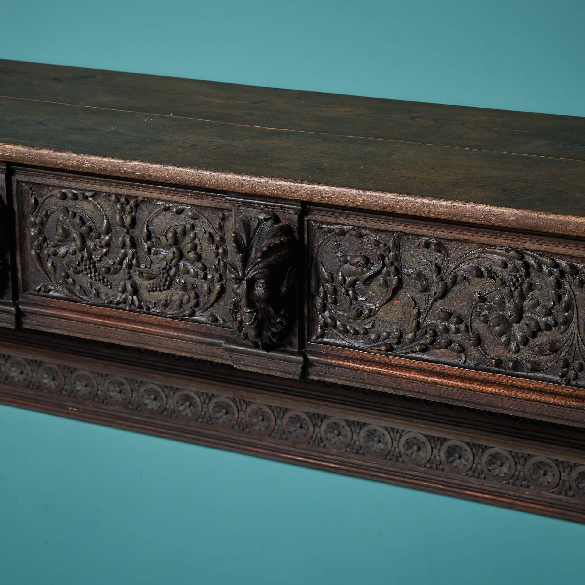 Wood Large Antique English Carved Oak Victorian Fire Mantel For Sale