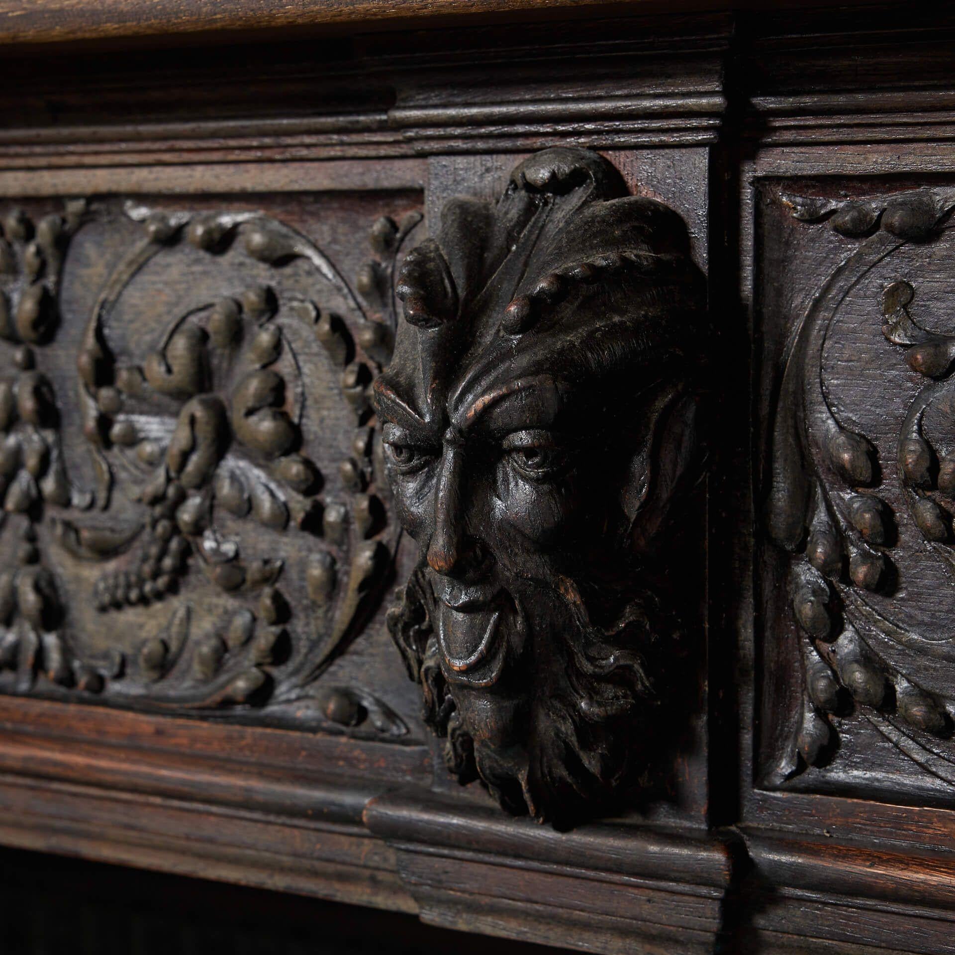 Large Antique English Carved Oak Victorian Fire Mantel For Sale 1