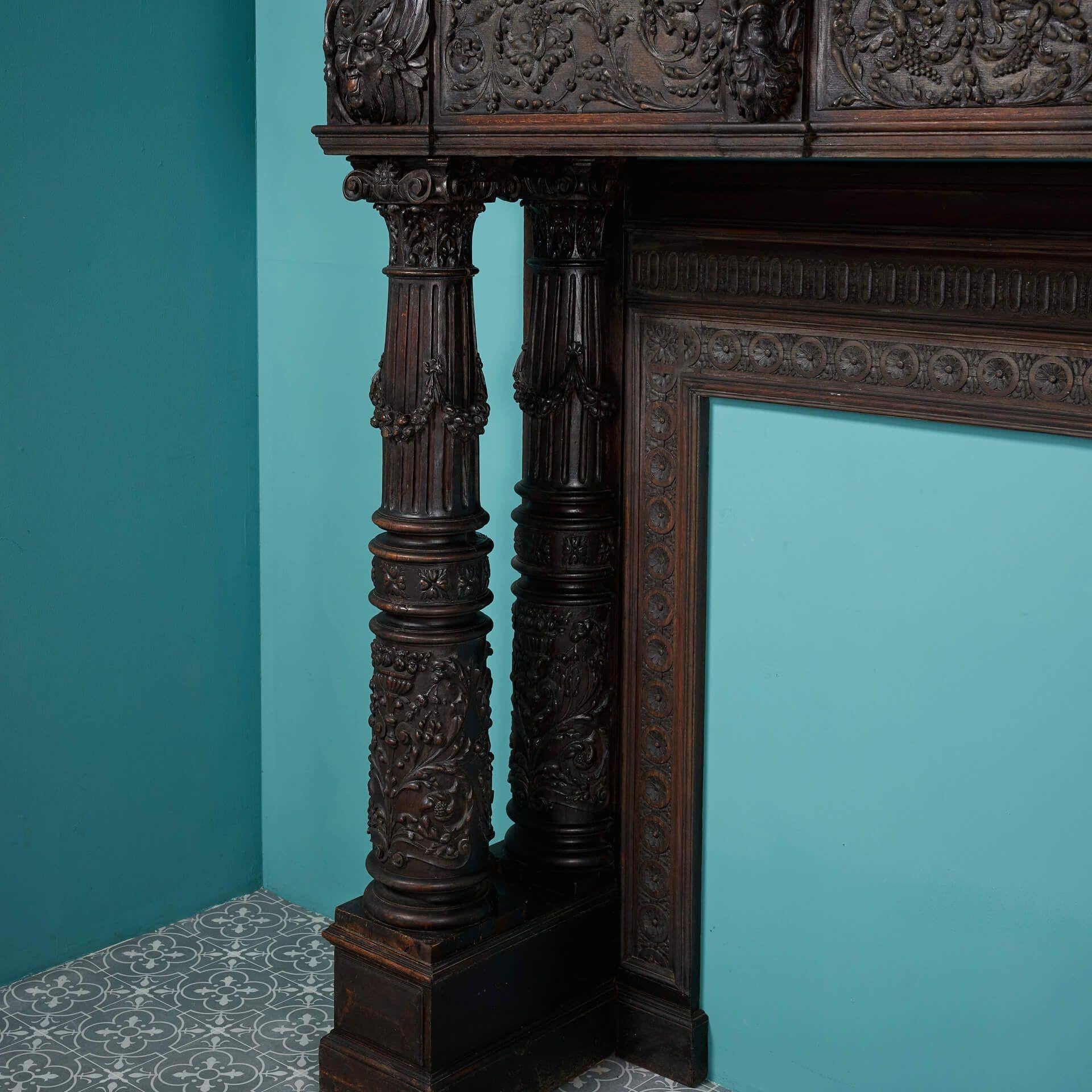 Large Antique English Carved Oak Victorian Fire Mantel For Sale 2
