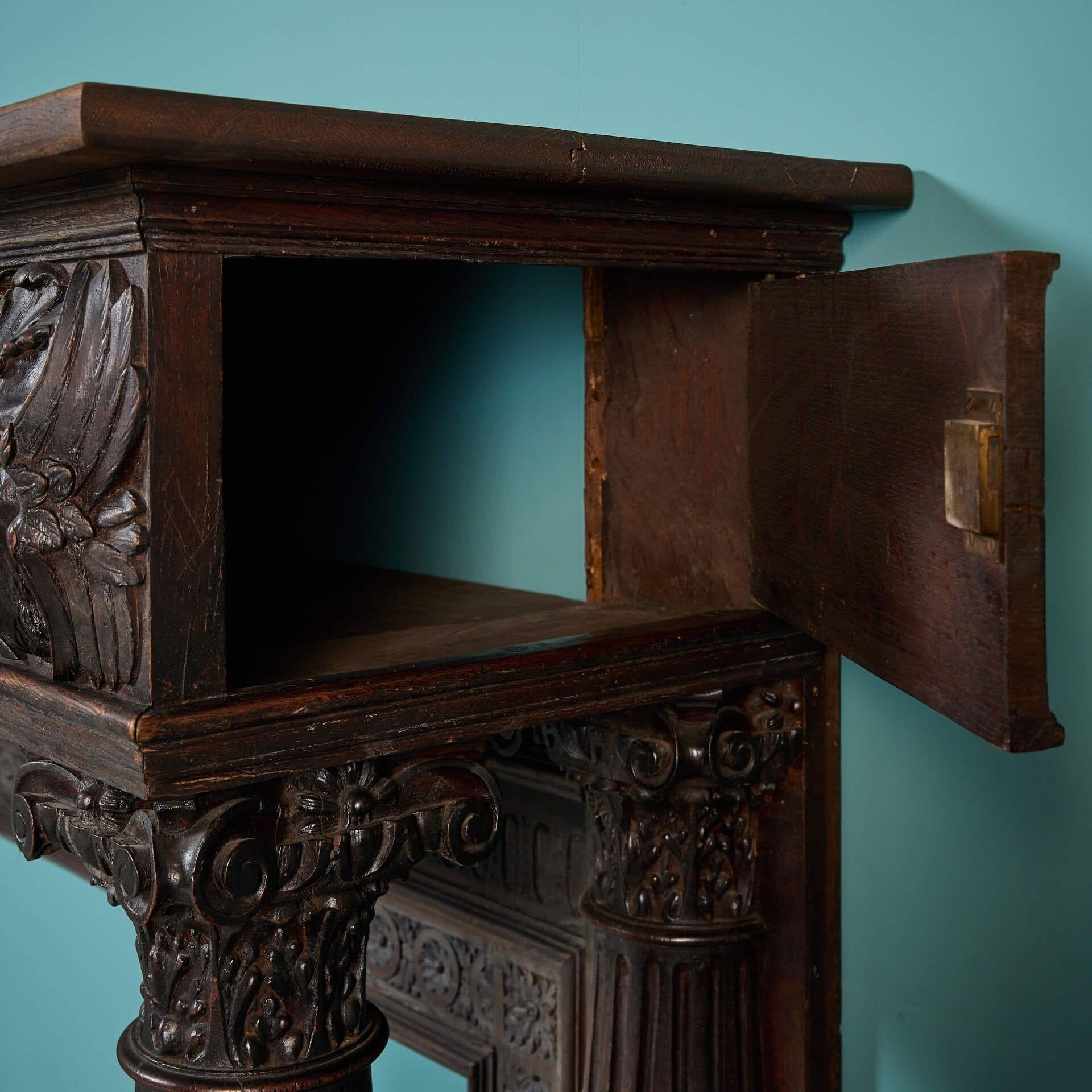 Large Antique English Carved Oak Victorian Fire Mantel For Sale 3