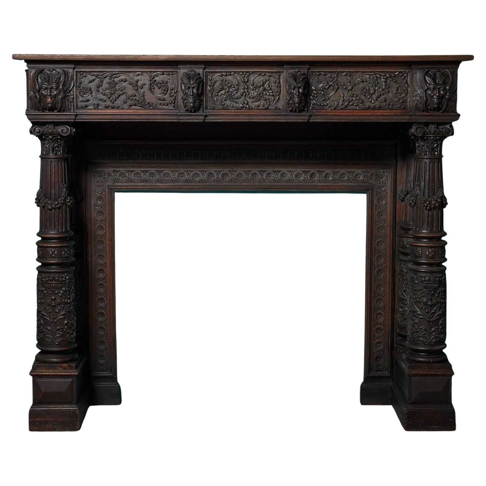 Large Antique English Carved Oak Victorian Fire Mantel For Sale