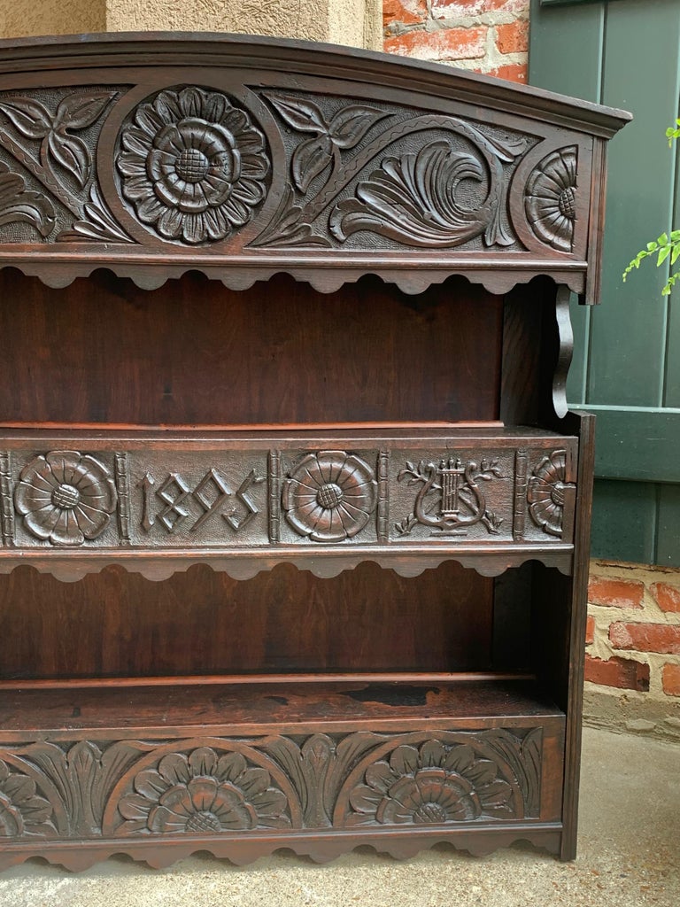 Large Antique English Carved Oak Wall Shelf Plate Dome Display Rack