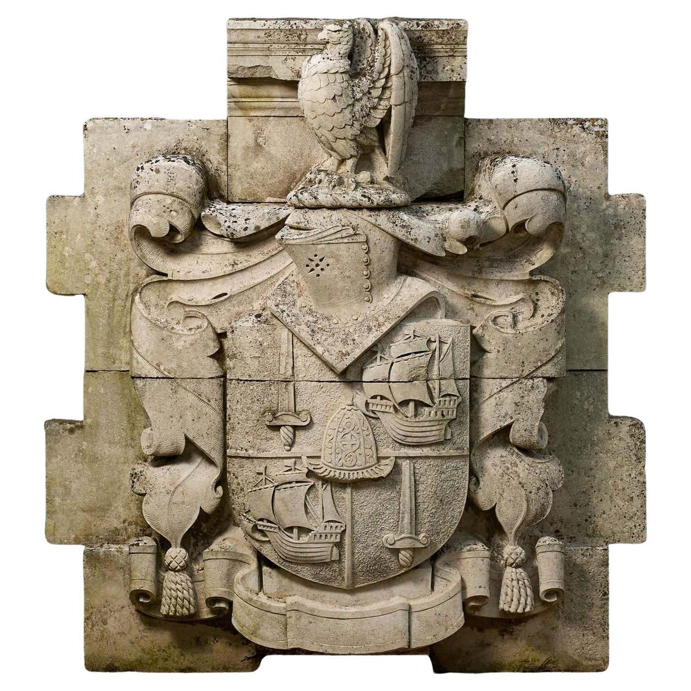 Large Antique English Carved Portland Stone Armorial Crest For Sale at ...
