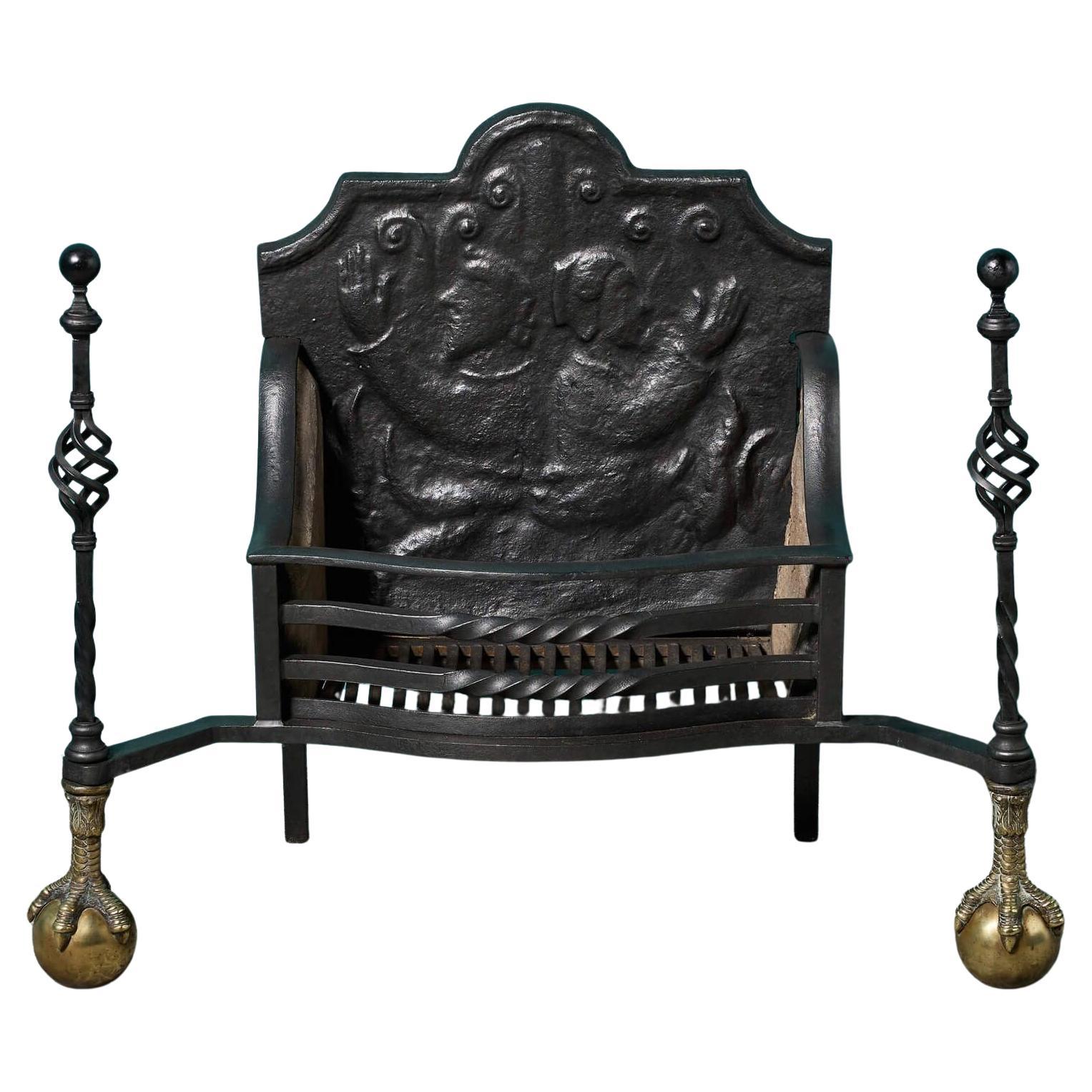 Grande griglia da fuoco antica inglese in ghisa e ottone in vendita