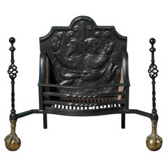 Grande griglia da fuoco antica inglese in ghisa e ottone