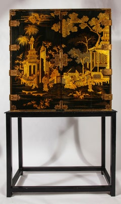 Large Antique English Chinoiserie Style Black Lacquer and Gilt Cabinet on Stand