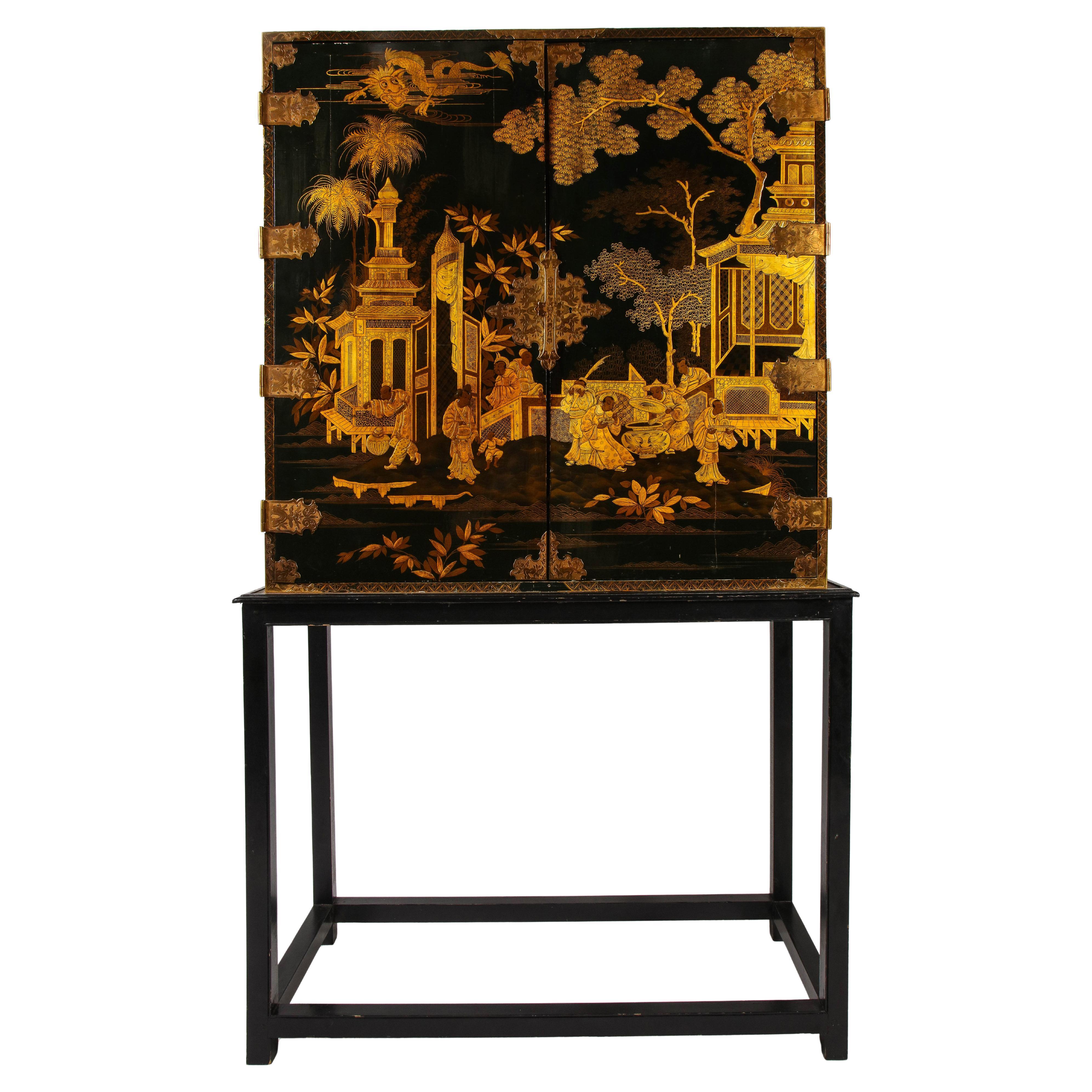 Large Antique English Chinoiserie Style Black Lacquer and Gilt Cabinet on Stand