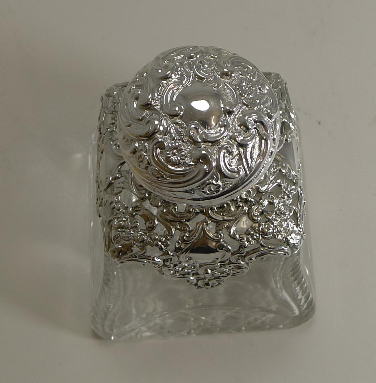 Late Victorian Large Antique English Cut Crystal and Sterling Silver Perfume Bottle, 1898