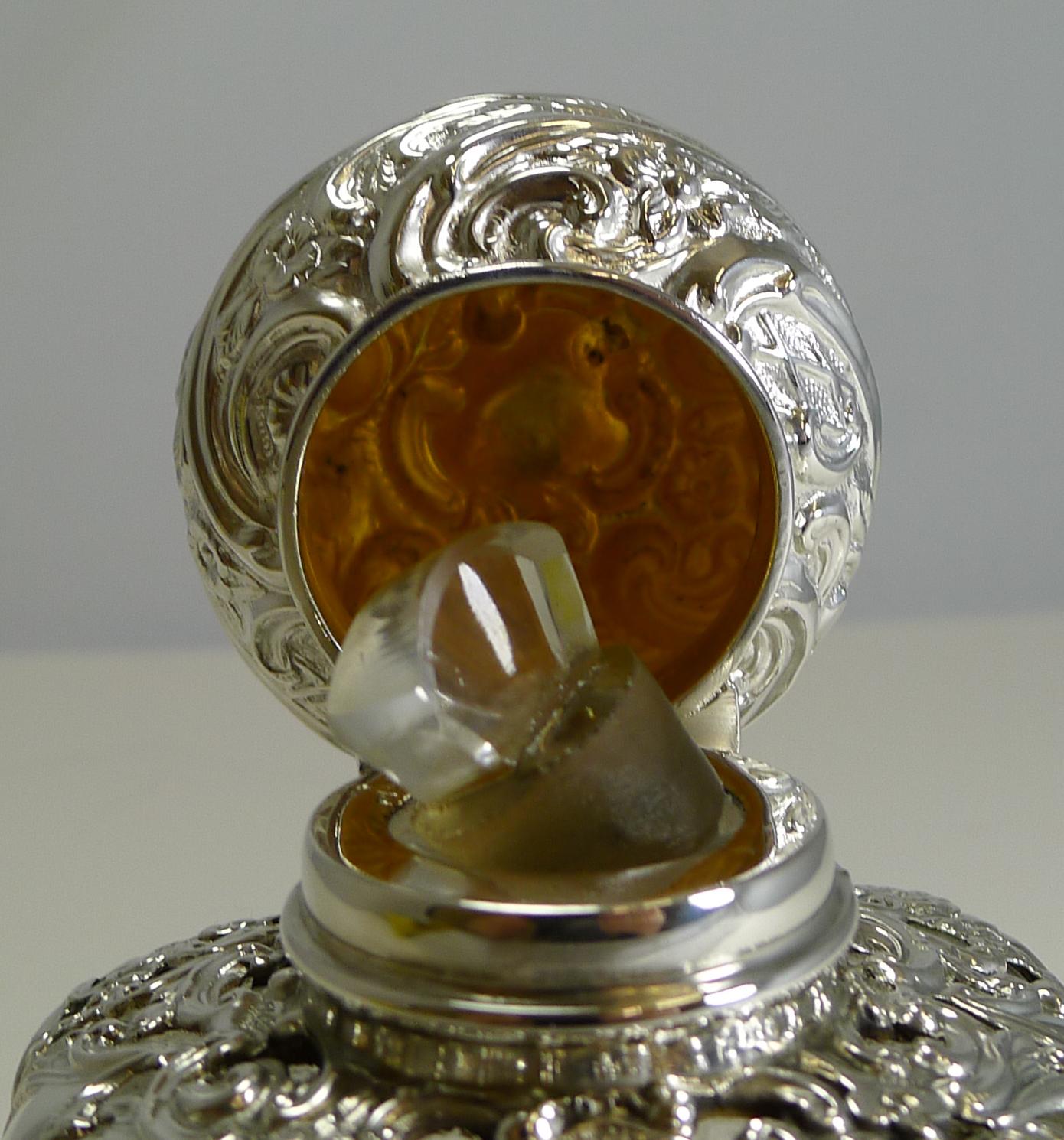 Late 19th Century Large Antique English Cut Crystal and Sterling Silver Perfume Bottle, 1898