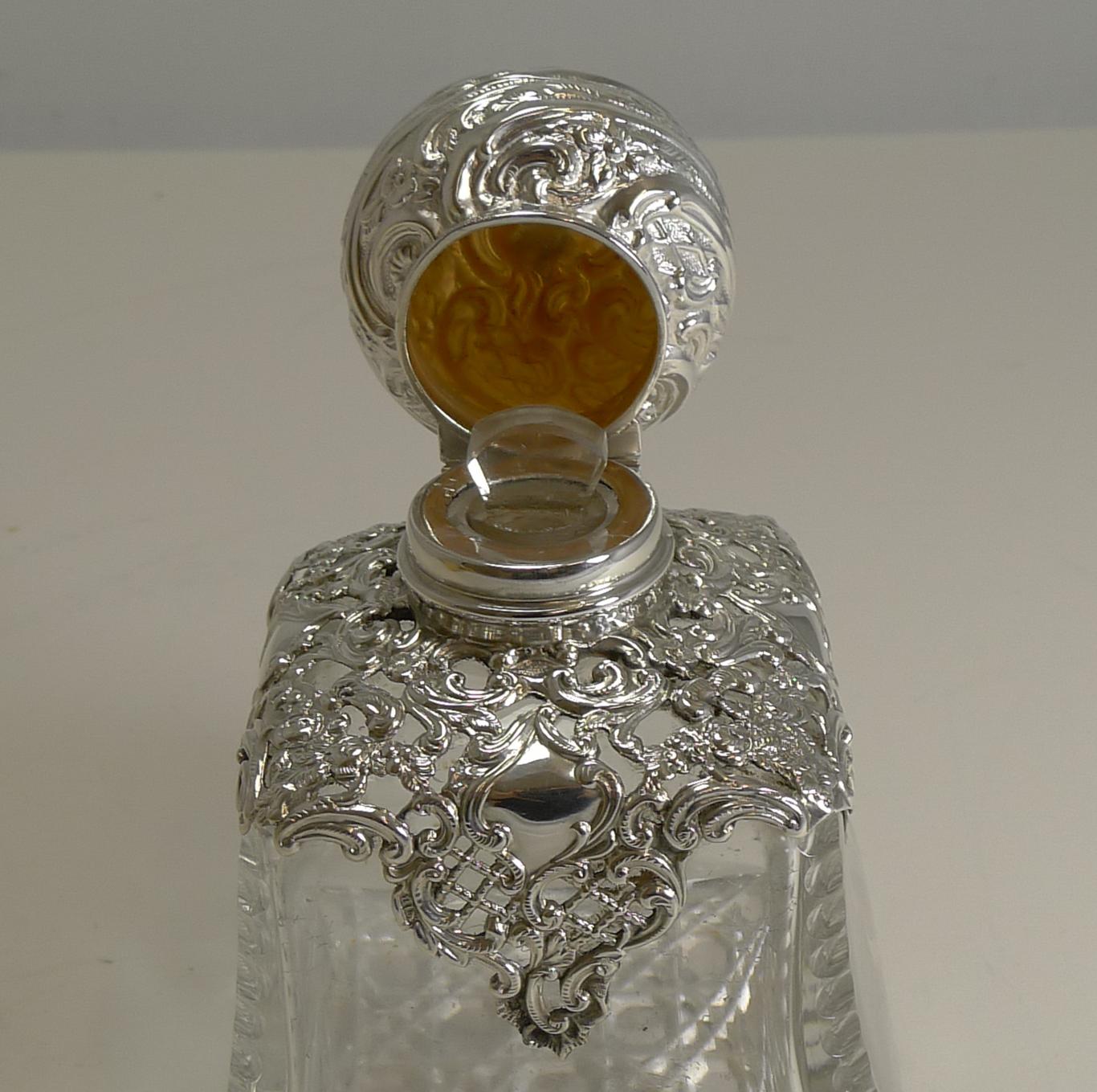 Large Antique English Cut Crystal and Sterling Silver Perfume Bottle, 1898 1