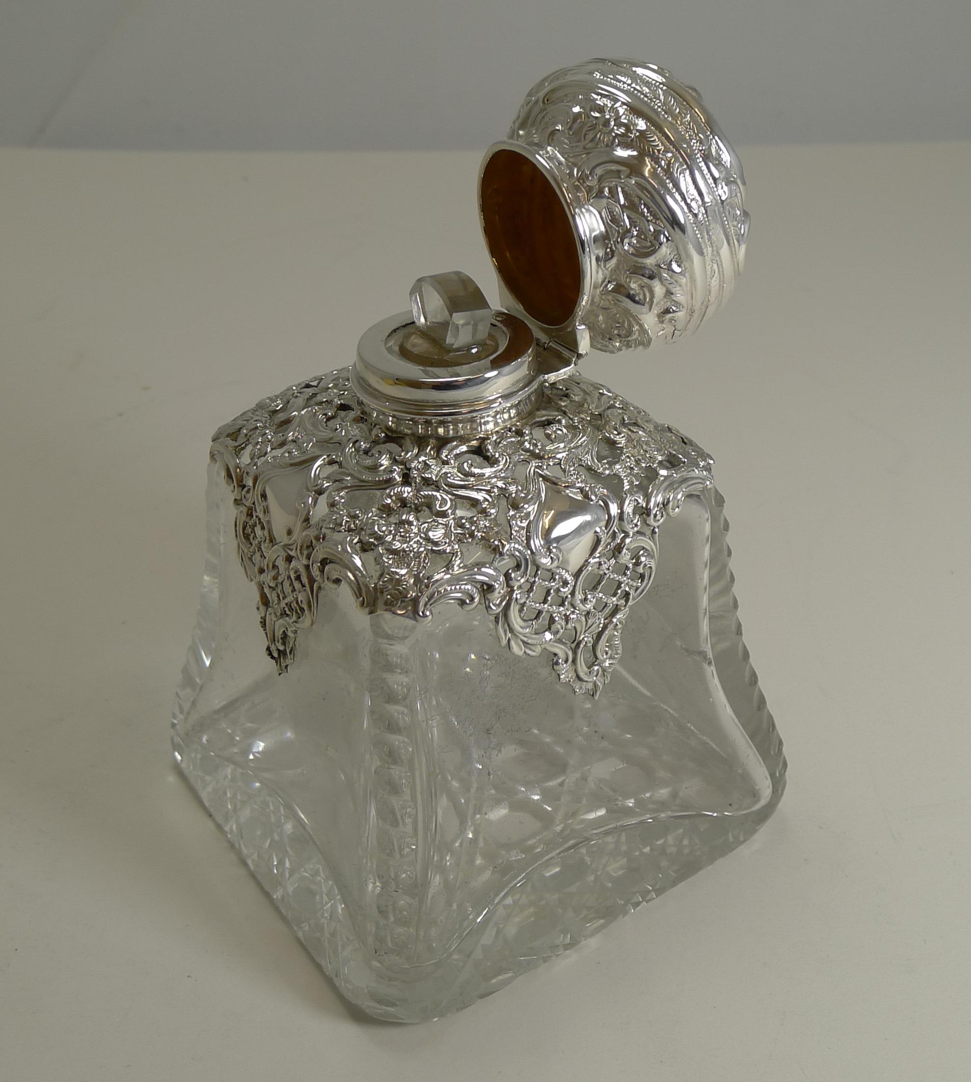Large Antique English Cut Crystal and Sterling Silver Perfume Bottle, 1898 2