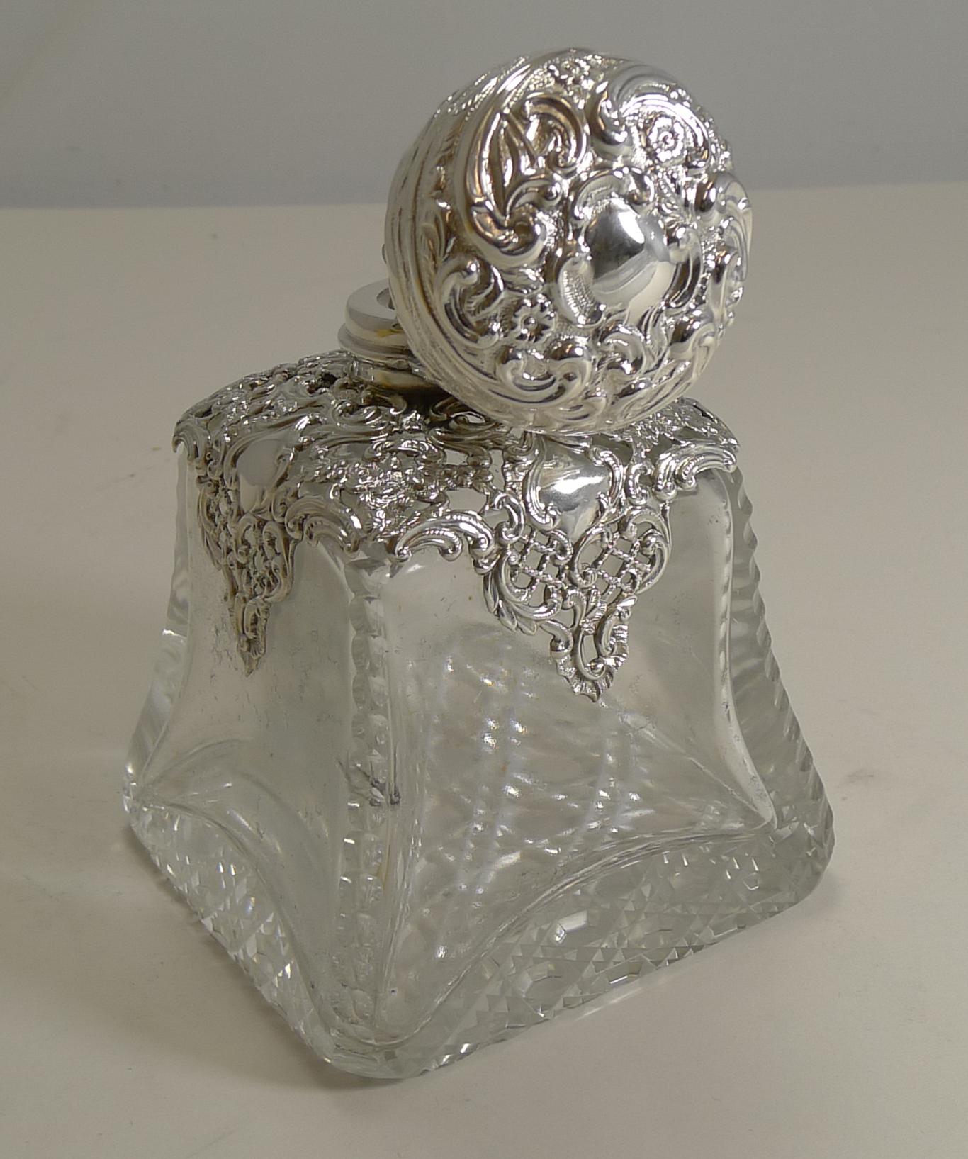 Large Antique English Cut Crystal and Sterling Silver Perfume Bottle, 1898 3
