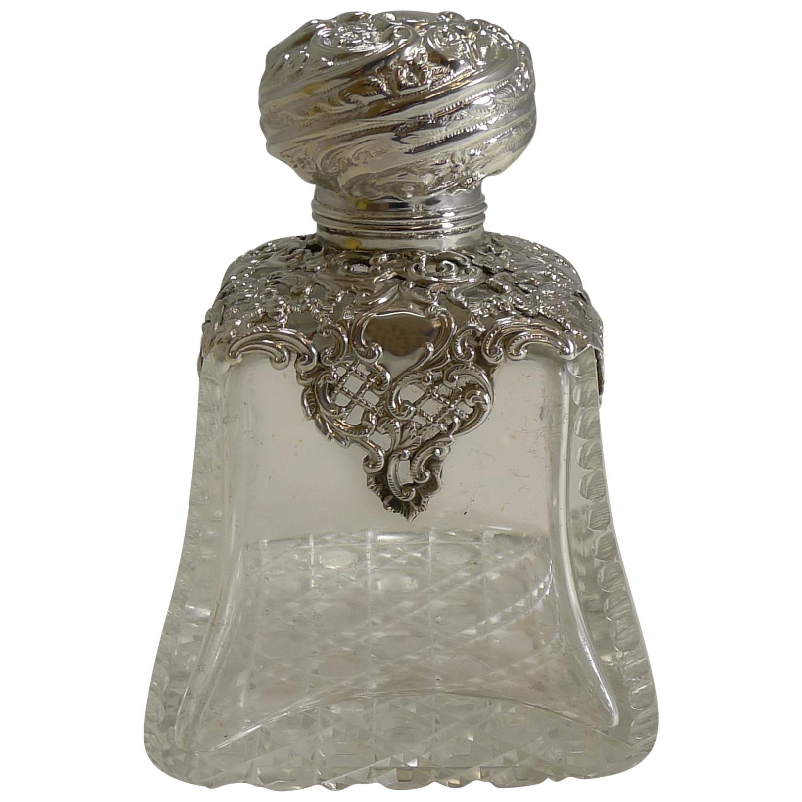 Large Antique English Cut Crystal and Sterling Silver Perfume Bottle, 1898