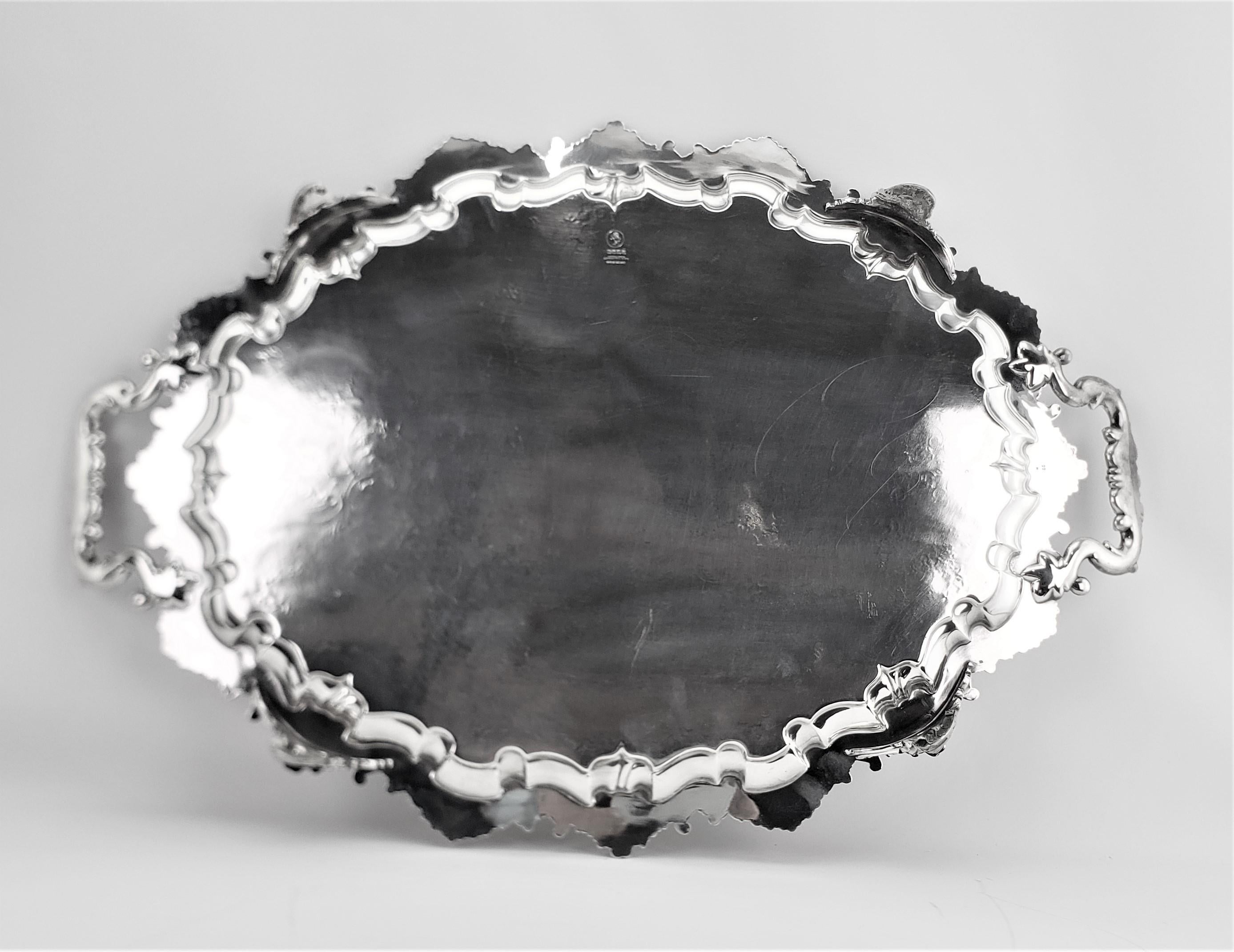 Large Antique English Footed Silver Plated Serving Tray with Floral Decoration For Sale 1