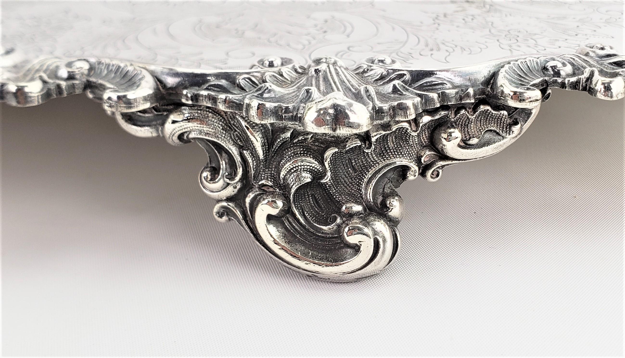 20th Century Large Antique English Footed Silver Plated Serving Tray with Floral Decoration For Sale