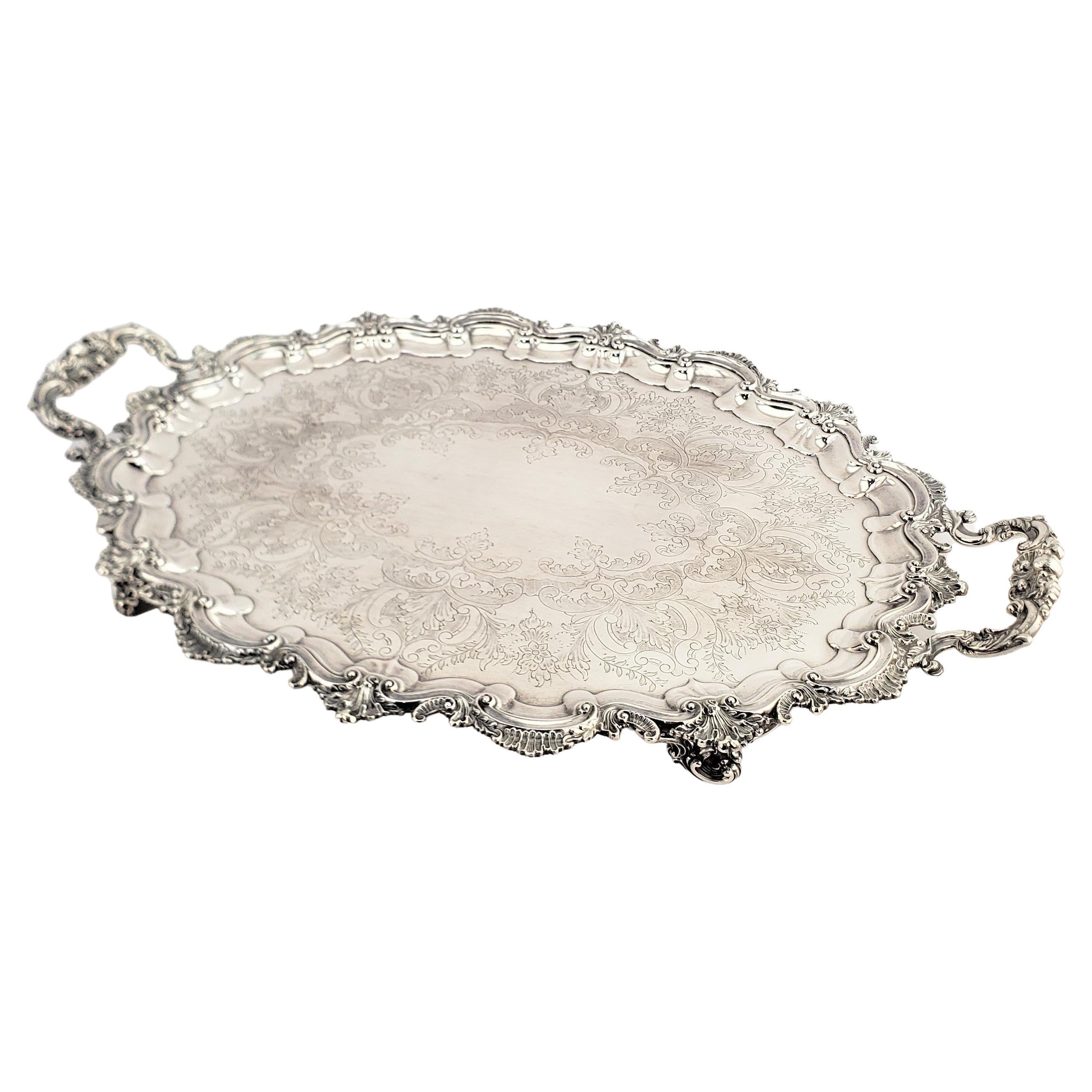 Large Antique English Footed Silver Plated Serving Tray with Floral Decoration For Sale