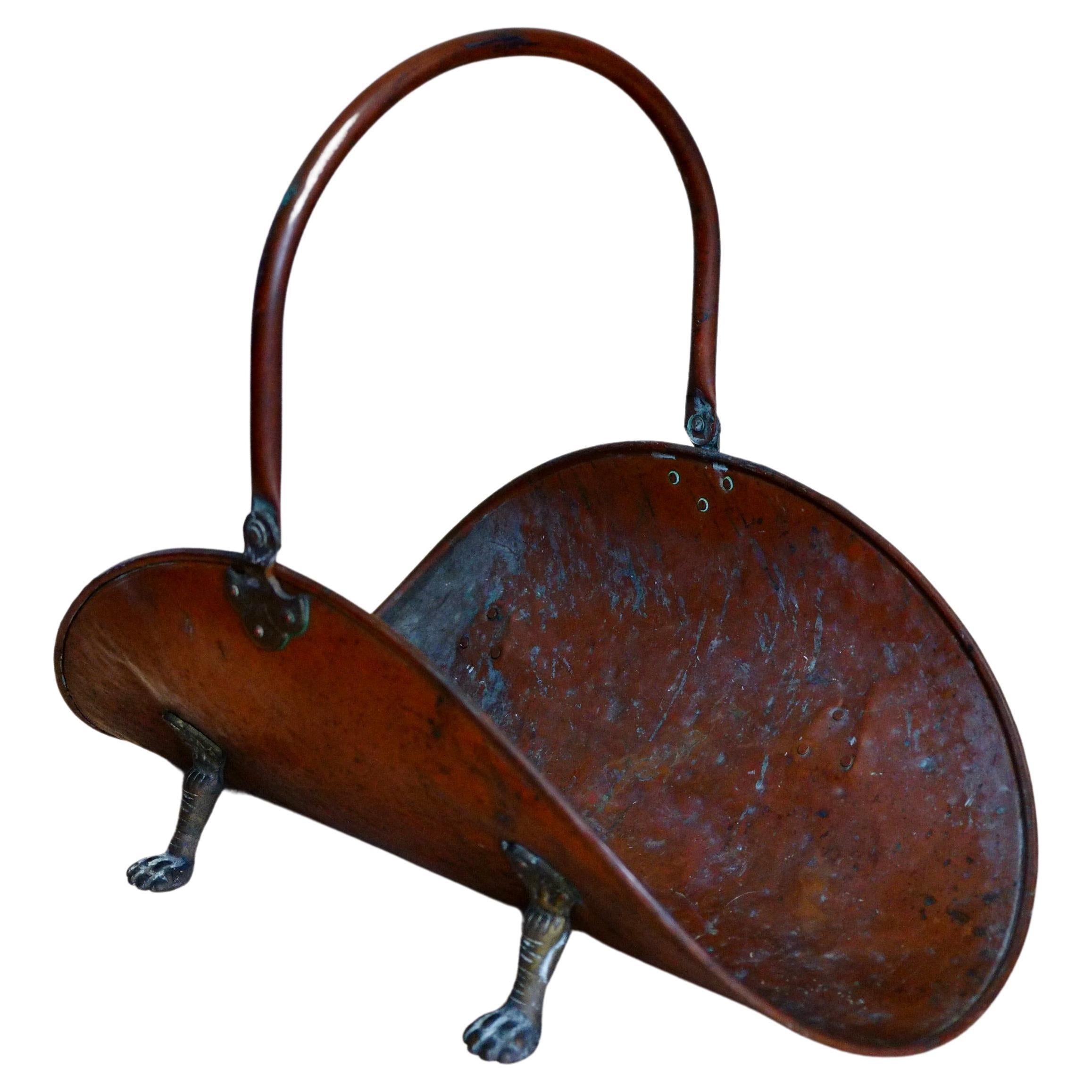 Large Antique English Hammered Copper Log Holder with Paw Feet