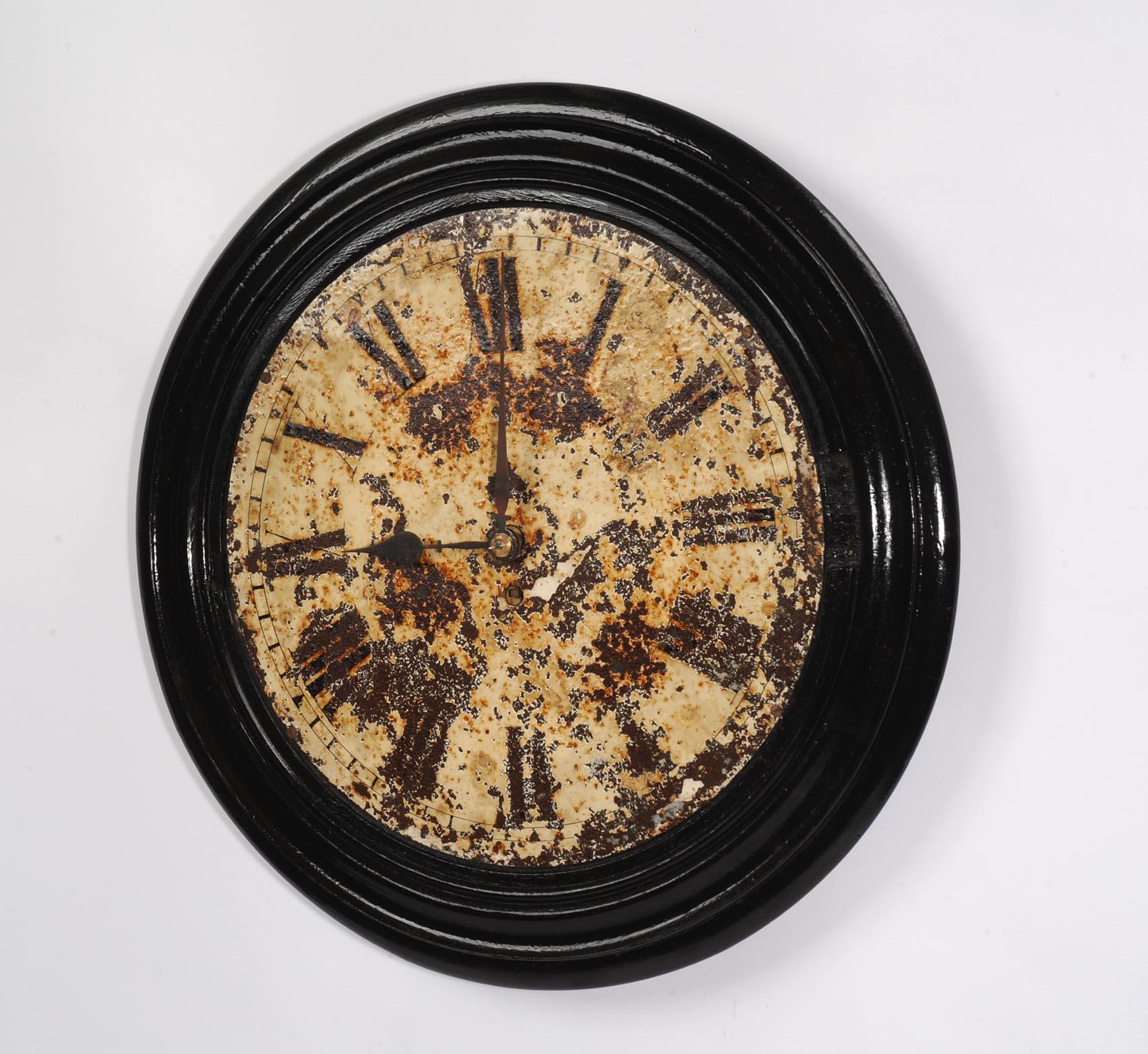 A lovely large antique painted iron clock dial signed faintly signed for the famous company J B Joyce of Whitchurch. It dates from circa 1890. As reclaimed by our buyer from a derelict building, it bares the scars of a hard life. Beautifully